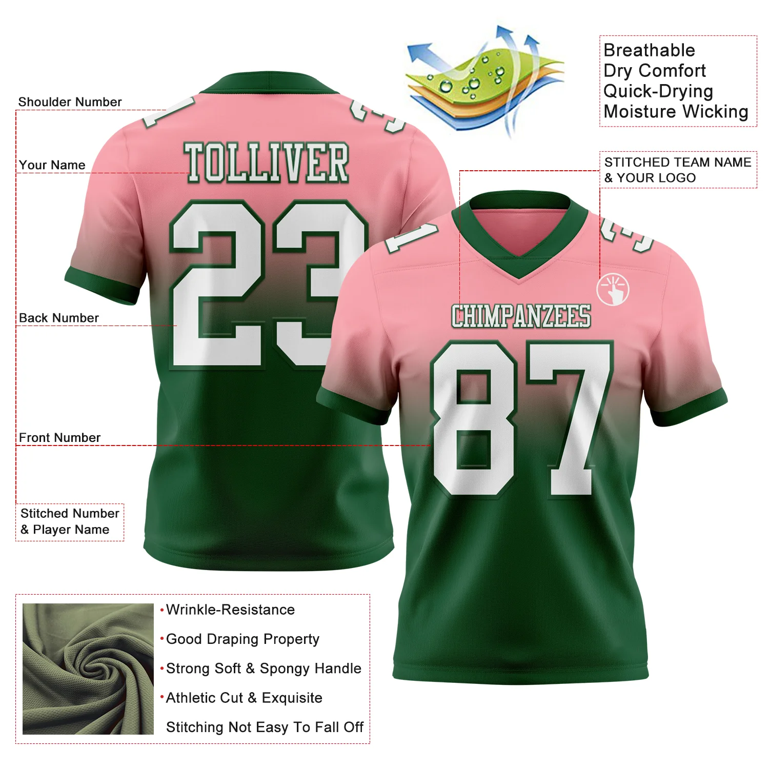 Custom Medium Pink White-Green Authentic Fade Fashion Football Jersey - Image 2