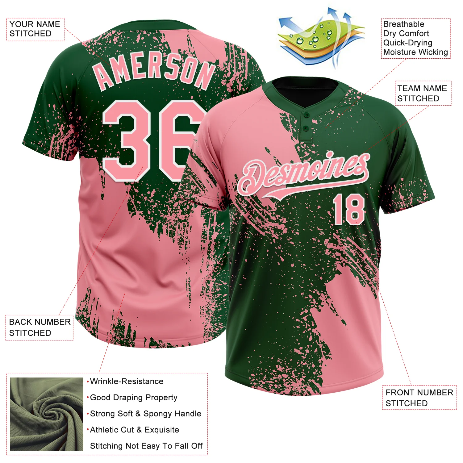 Custom Medium Pink Green-White 3D Pattern Abstract Brush Stroke Two-Button Unisex Softball Jersey - Image 3