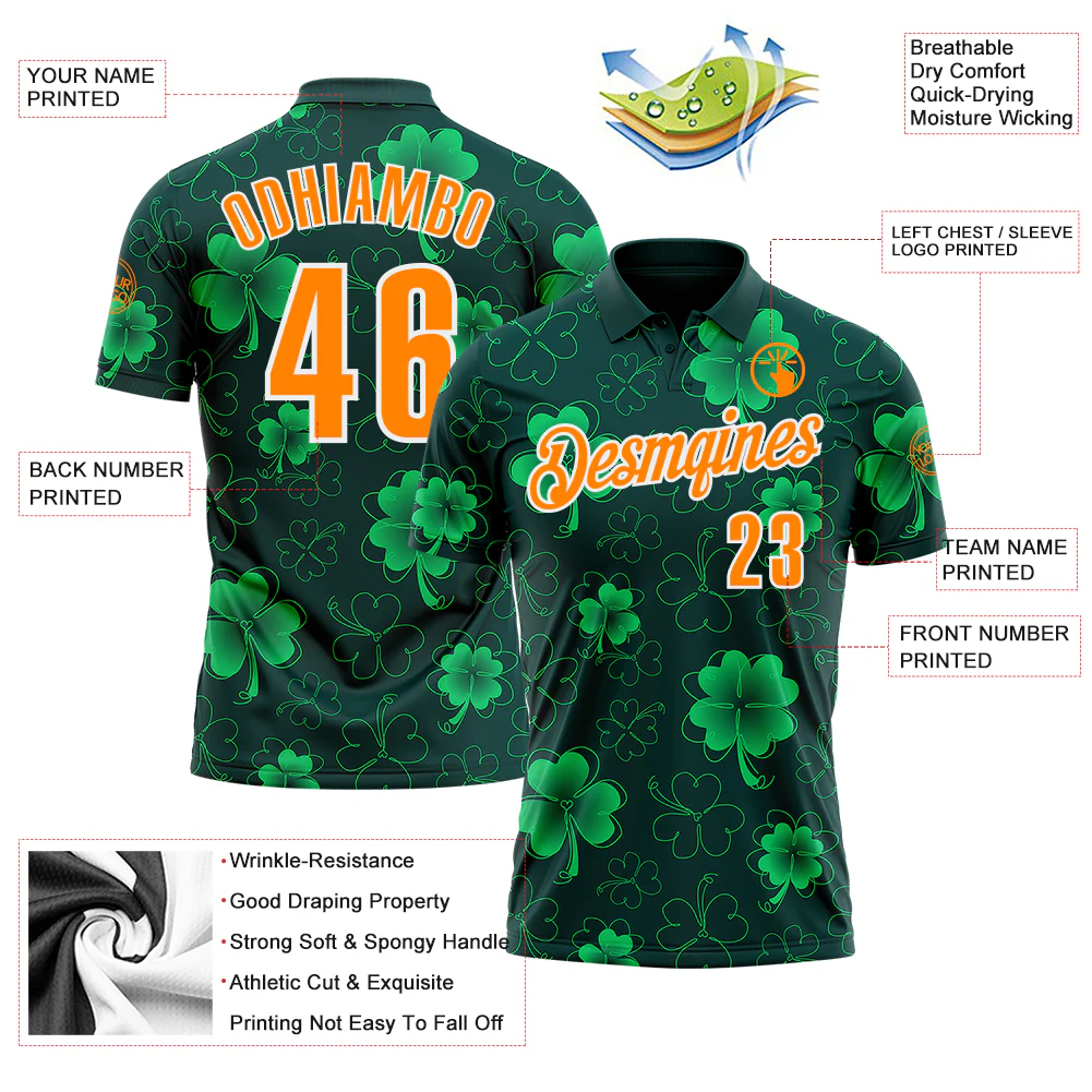 Custom Navy Bay Orange-Green 3D St. Patrick's Day Shamrock Performance Polo Shirt - Image 3