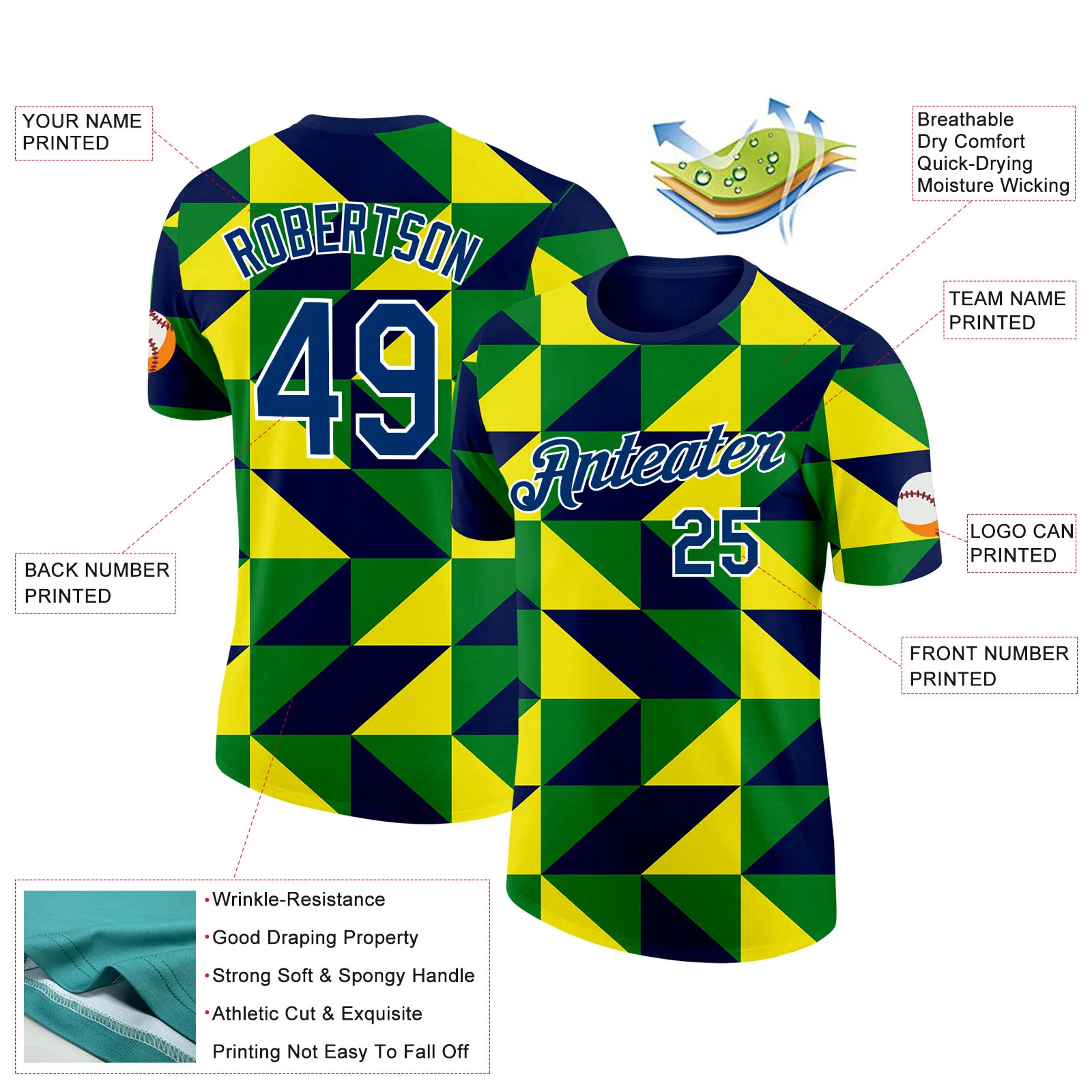 Custom Navy US Navy Blue Green Yellow-White Brazil Geometric Shape Soccer Jersey Performance T-Shirt - Image 2