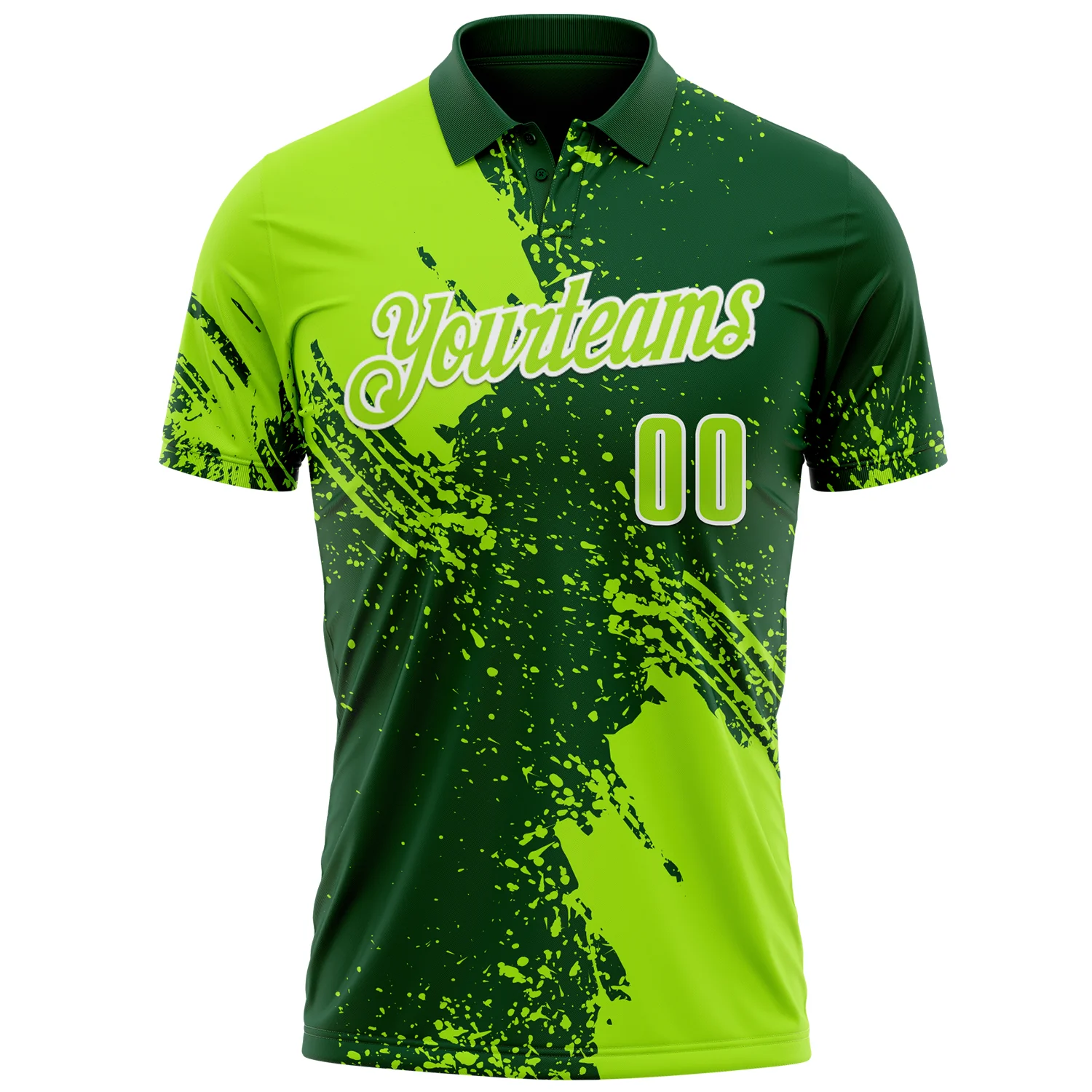 Custom Neon Green Green-White 3D Pattern Design Abstract Brush Stroke Performance Polo Shirt - Image 2