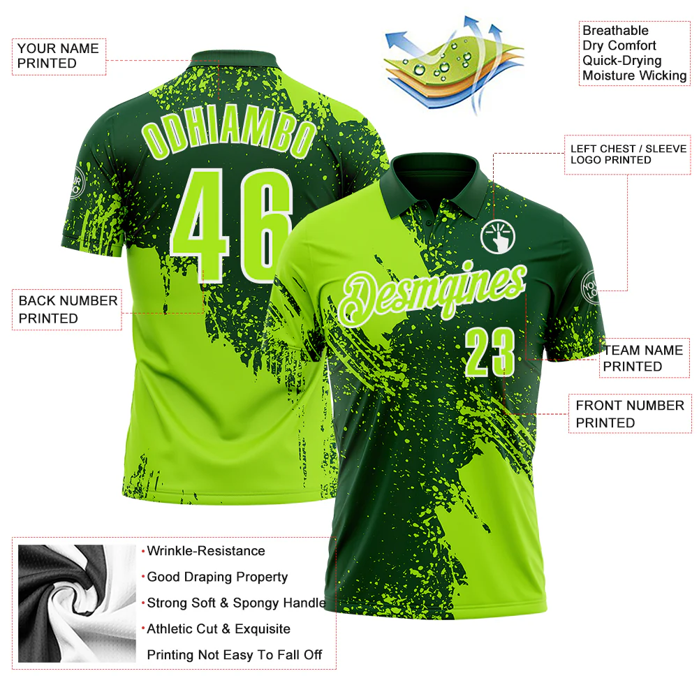 Custom Neon Green Green-White 3D Pattern Design Abstract Brush Stroke Performance Polo Shirt - Image 3