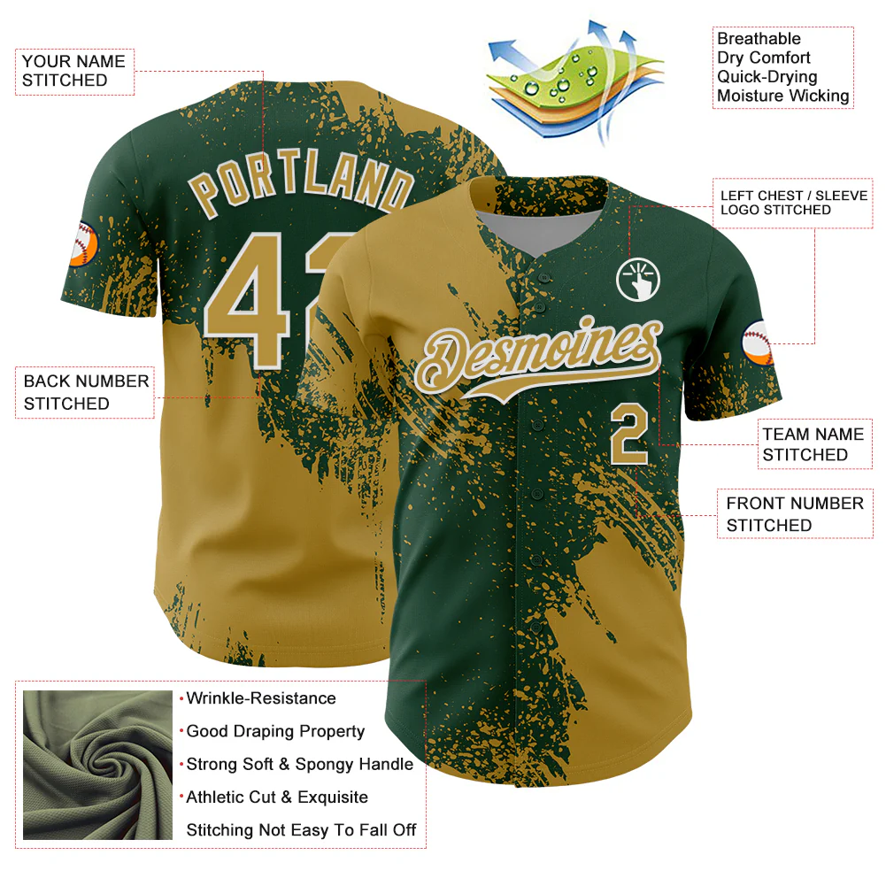 Custom Old Gold Green-White 3D Pattern Design Abstract Brush Stroke Authentic Baseball Jersey - Image 3