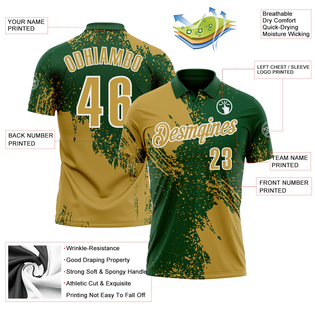 Custom Old Gold Green-White 3D Pattern Design Abstract Brush Stroke Performance Polo Shirt - Image 3