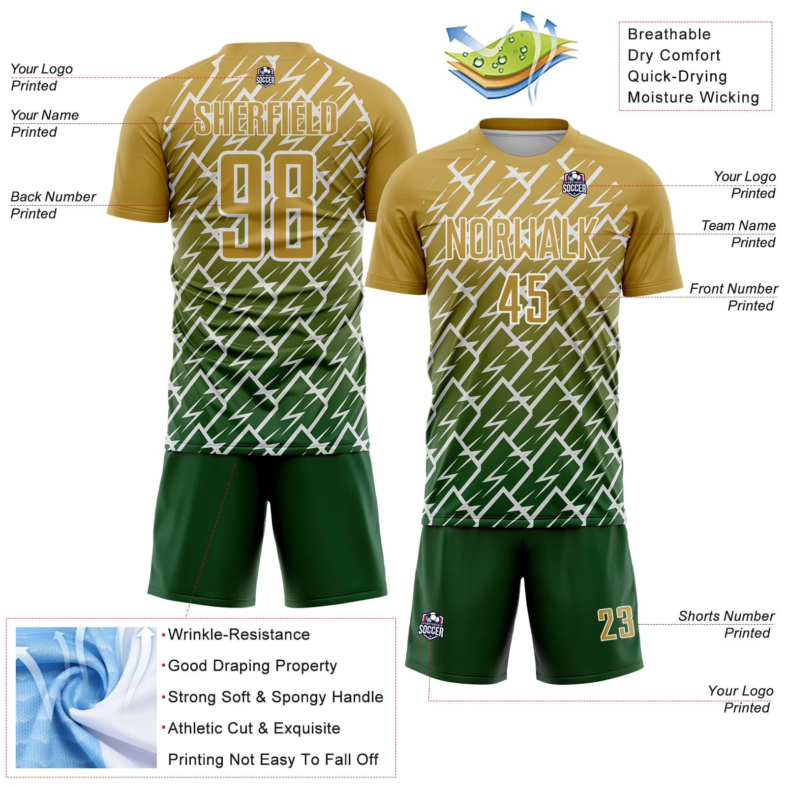 Custom Old Gold Green-White Lightning Sports Sublimation Soccer Uniform Jersey - Image 4