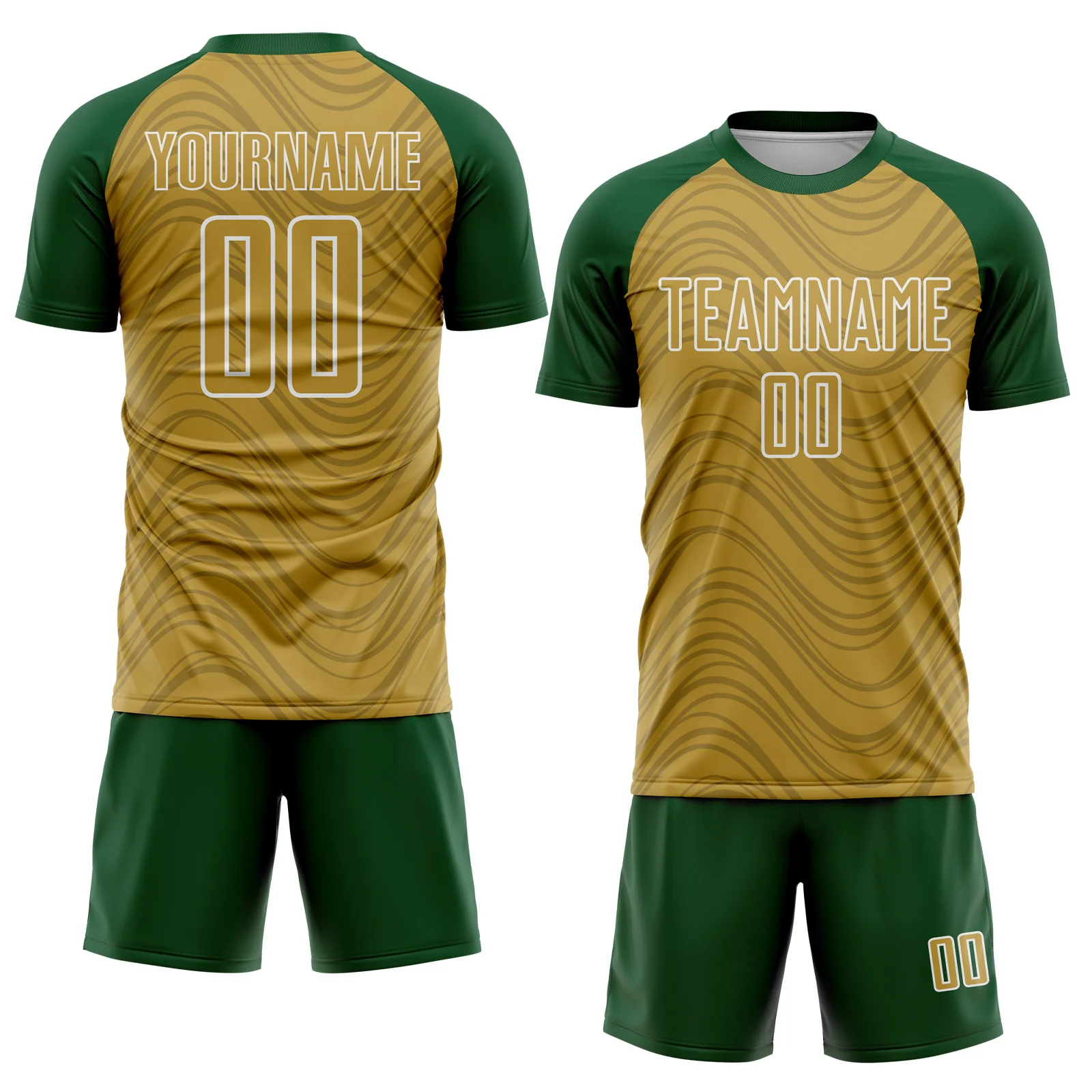 Custom Old Gold Green-White Wavy Lines Sports Sublimation Soccer Uniform Jersey - Image 2