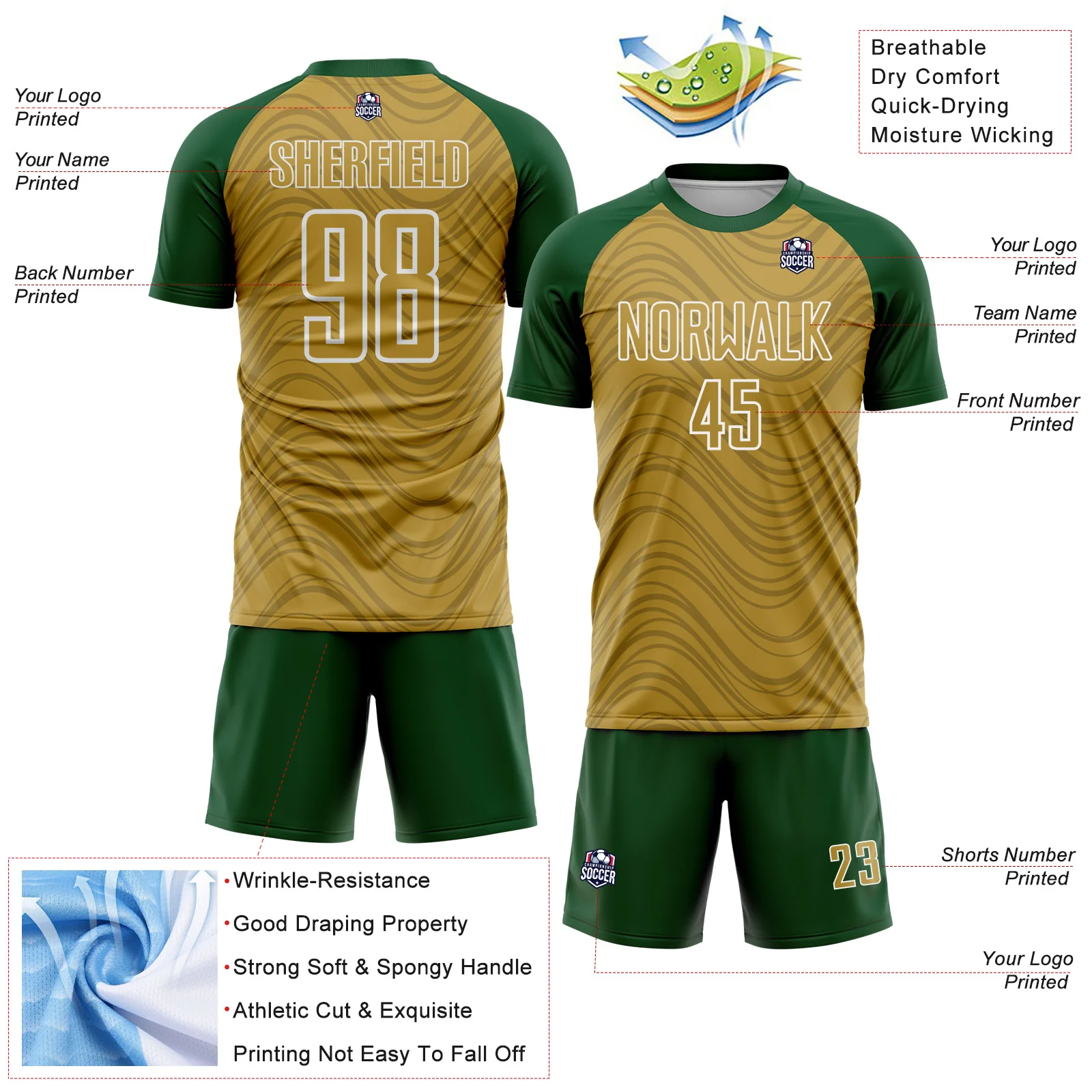 Custom Old Gold Green-White Wavy Lines Sports Sublimation Soccer Uniform Jersey - Image 4