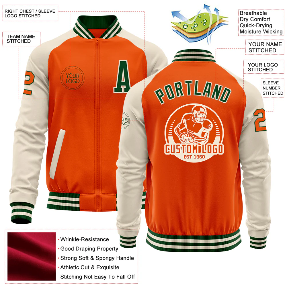 Custom Orange Green-Cream Bomber Varsity Letterman Two Tone Zipper Jacket - Image 4