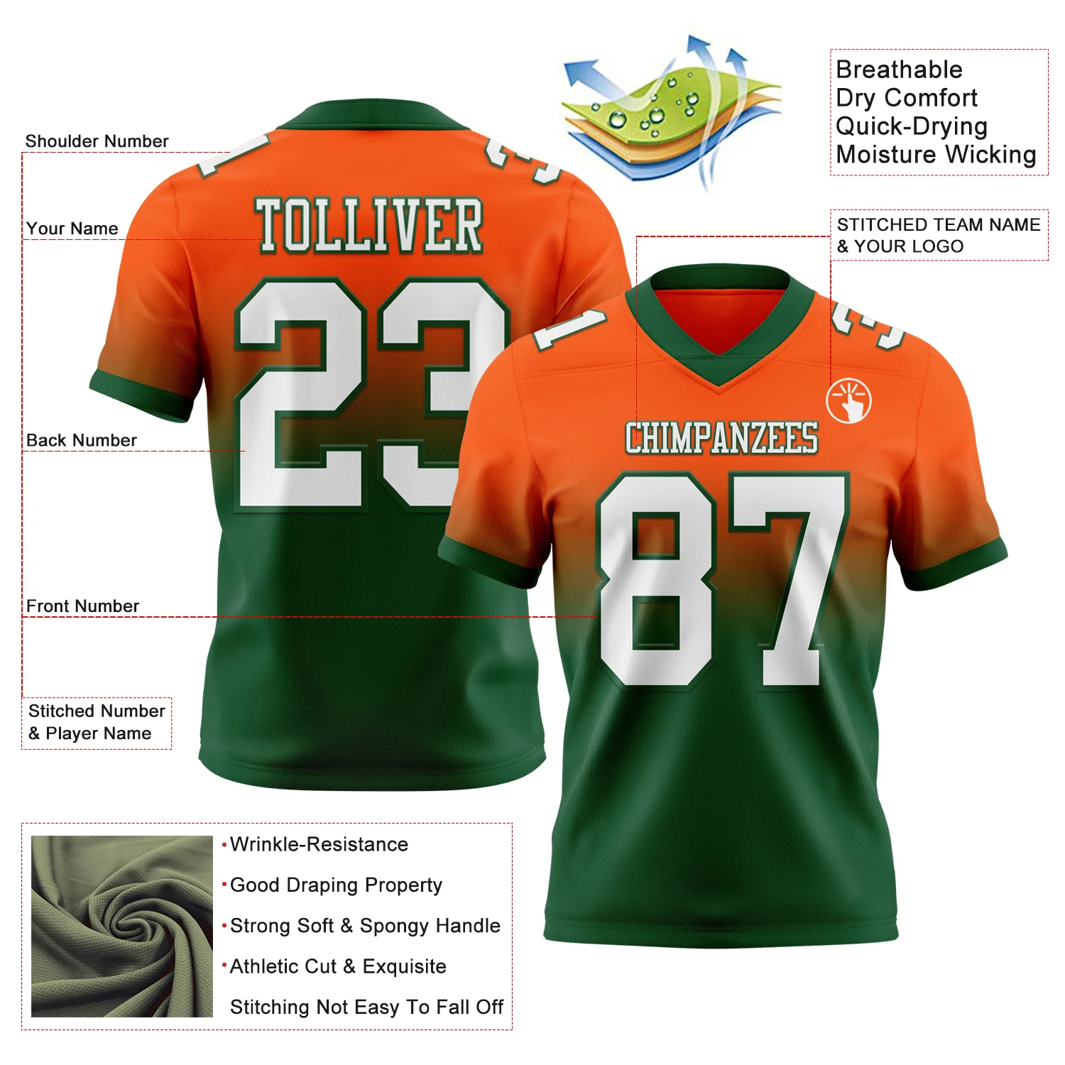 Custom Orange White-Green Authentic Fade Fashion Football Jersey - Image 2