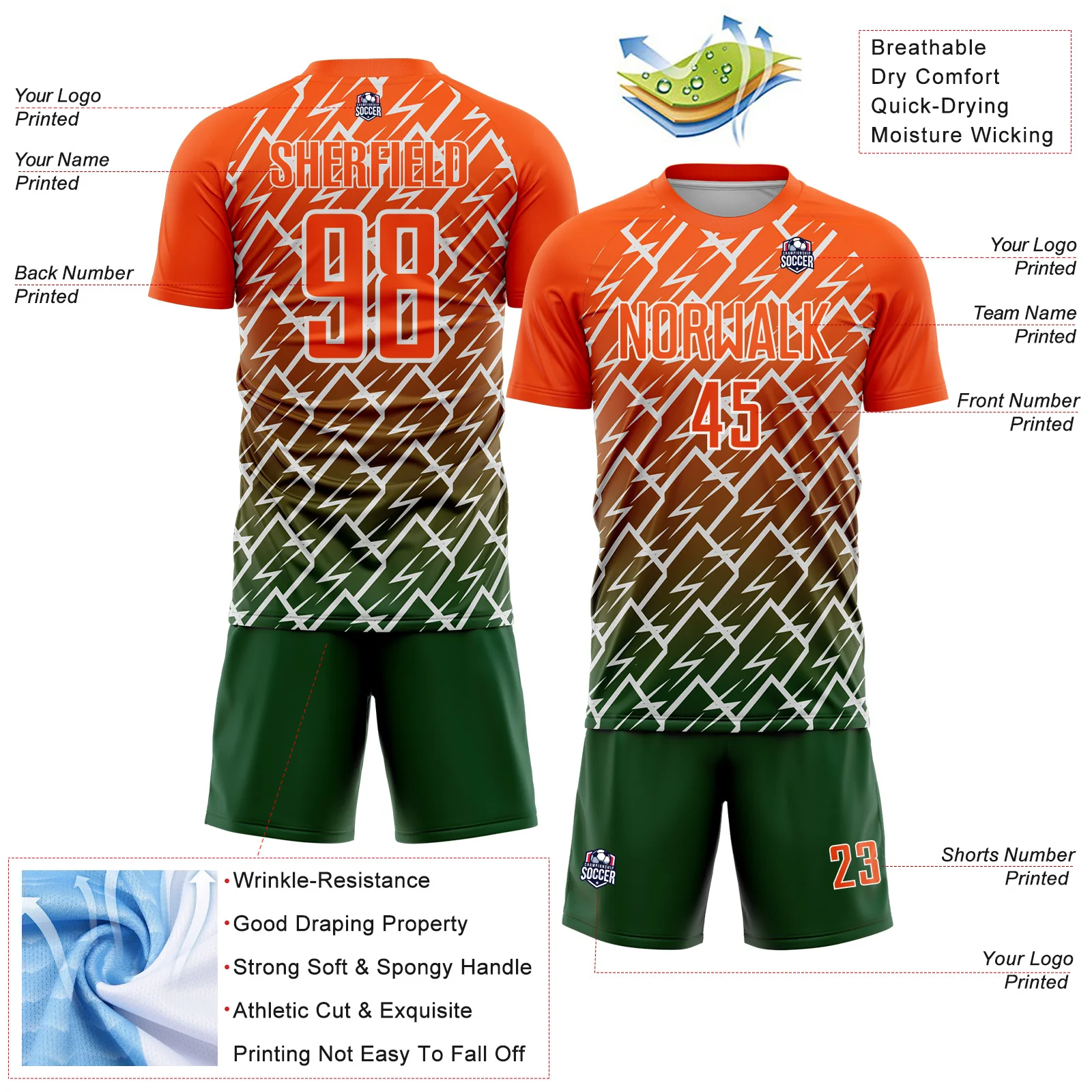 Custom Orange Green-White Lightning Sports Sublimation Soccer Uniform Jersey - Image 4