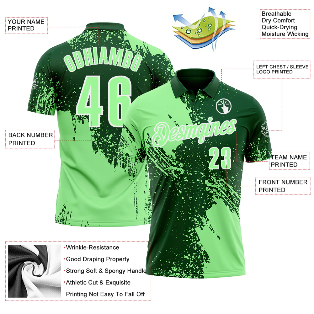 Custom Pea Green Green-White 3D Pattern Design Abstract Brush Stroke Performance Polo Shirt - Image 3
