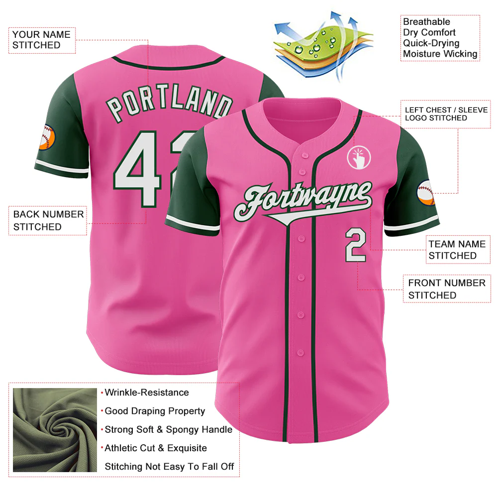 Custom Pink White-Green Authentic Two Tone Baseball Jersey - Image 3