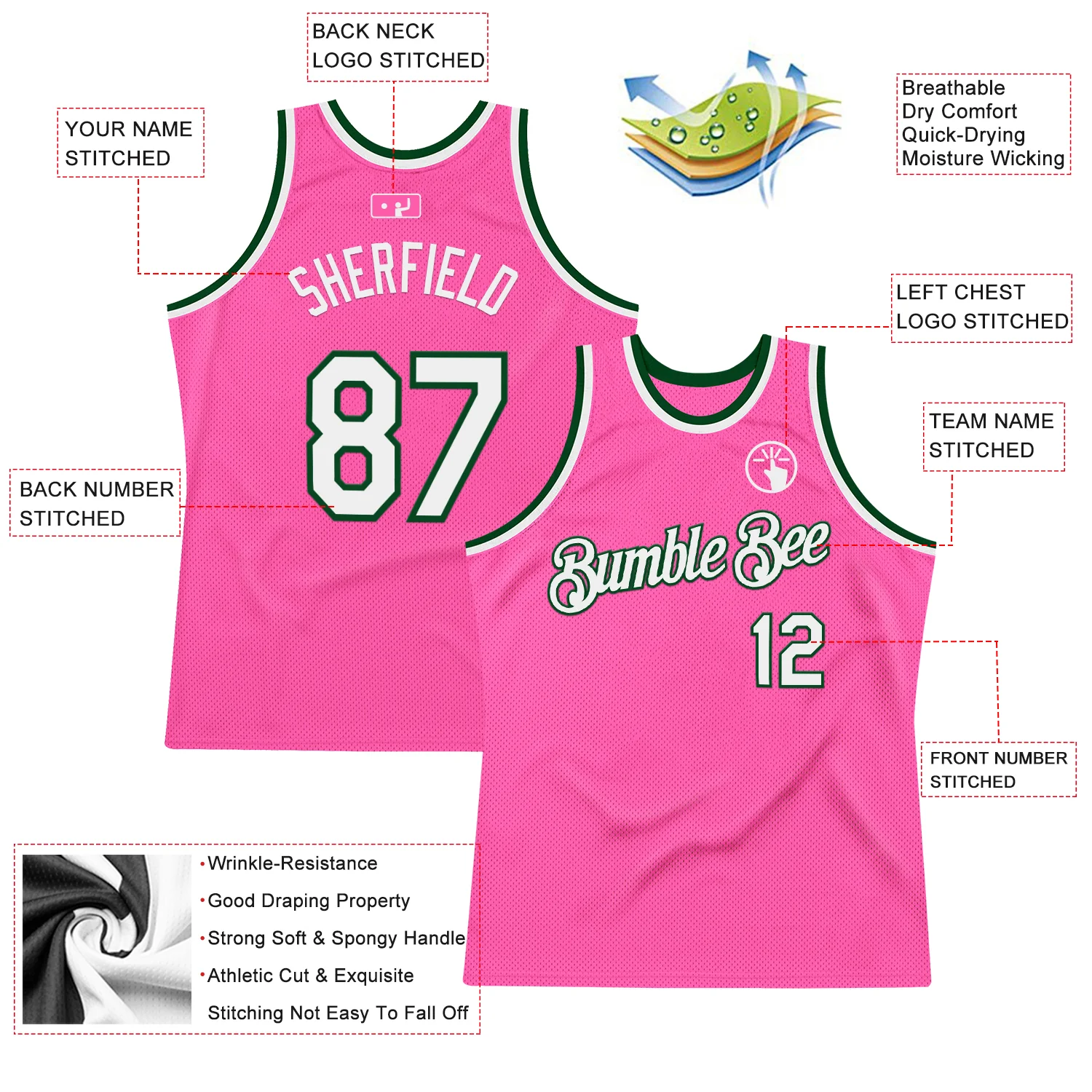 Custom Pink White-Green Authentic Throwback Basketball Jersey - Image 2
