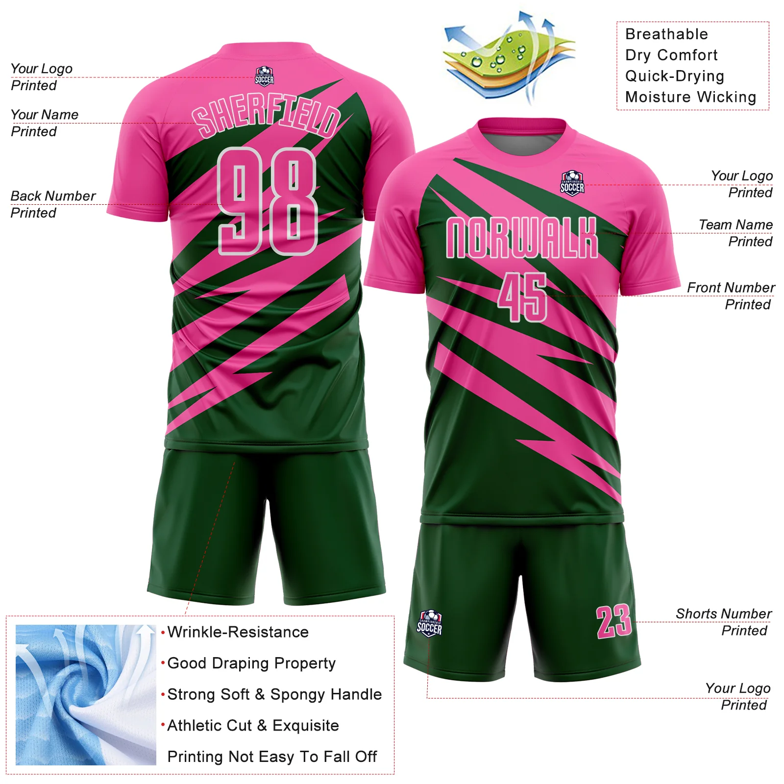 Custom Pink Green-White Abstract Line Sports Sublimation Soccer Uniform Jersey - Image 4