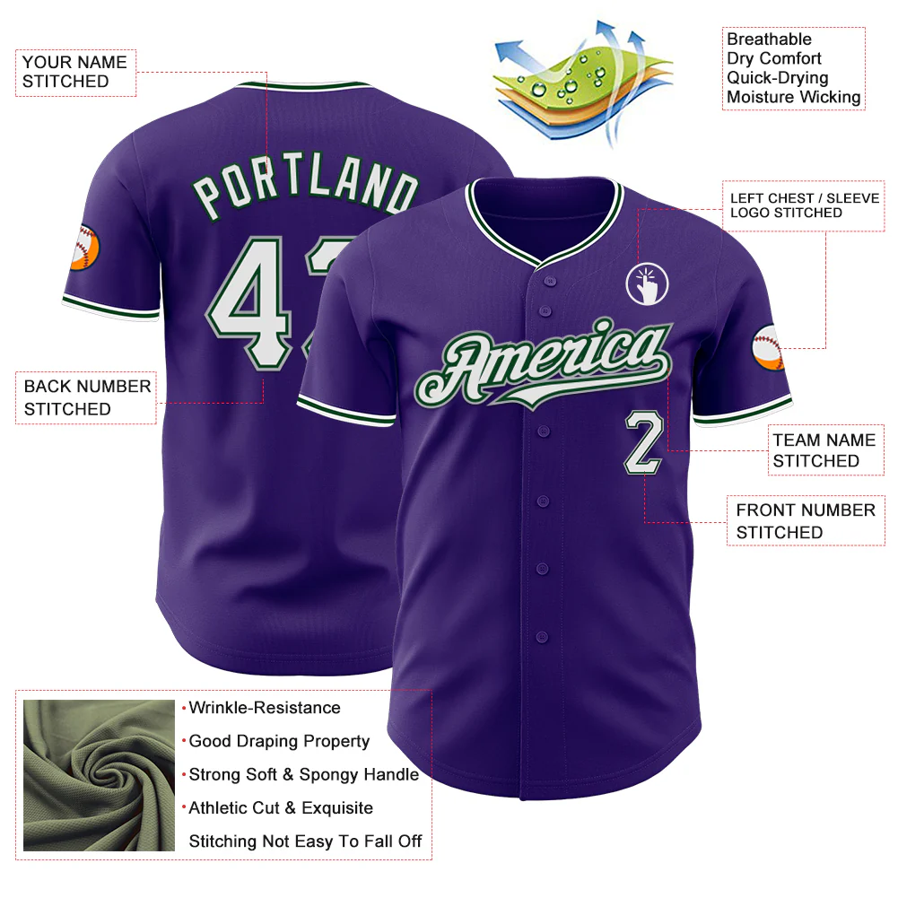 Custom Purple White Green-Gray Authentic Baseball Jersey - Image 3