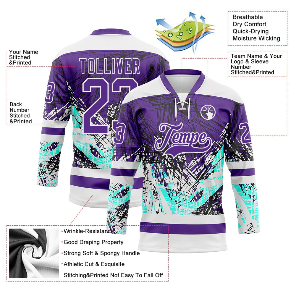 Custom Purple Green-White Abstract Splatter Paint Grunge Hockey Lace Neck Jersey - Image 5