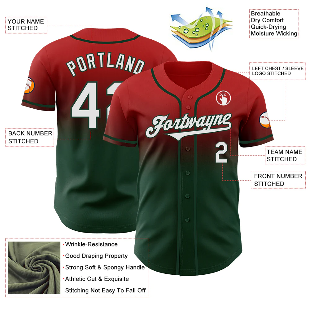 Custom Red White-Green Authentic Fade Fashion Baseball Jersey - Image 3