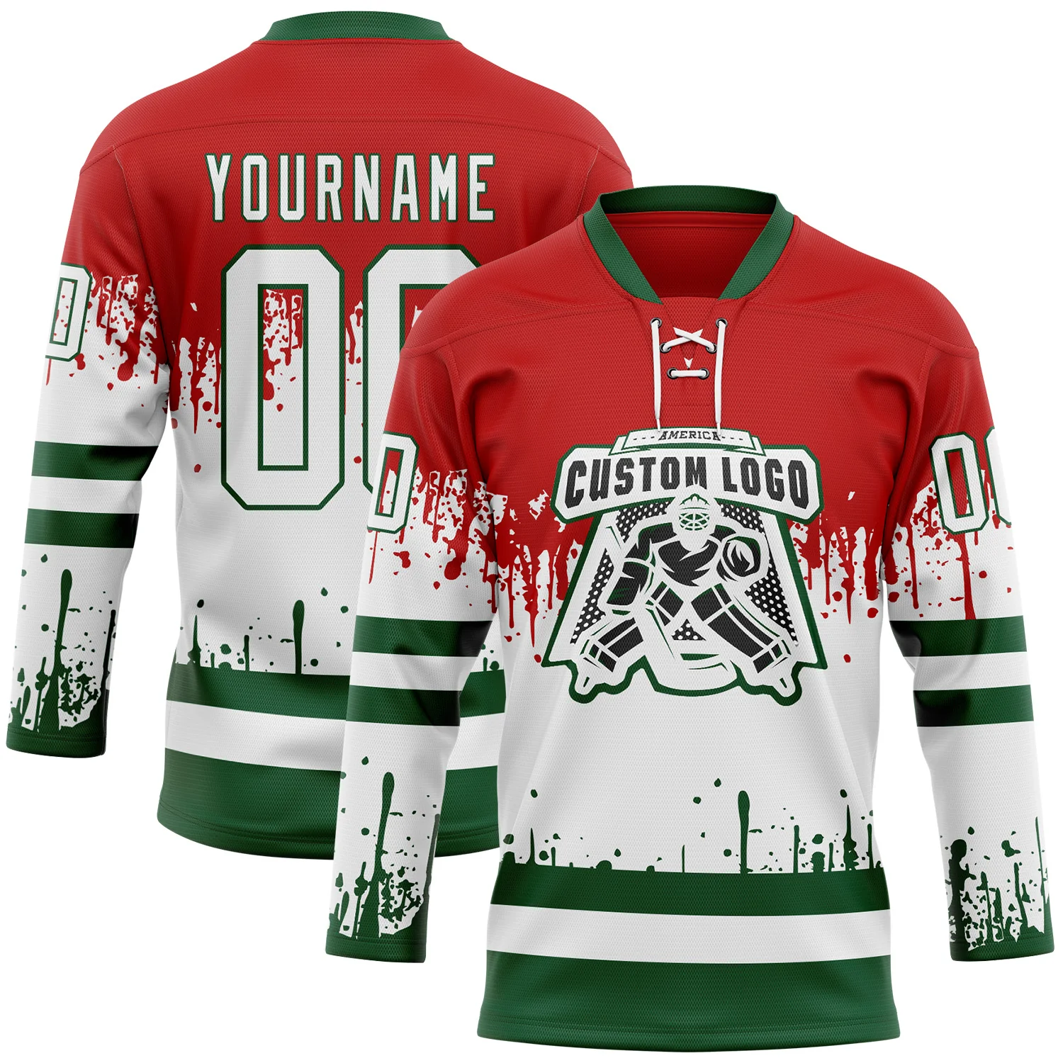 Custom Red White-Green Abstract Splatter Paint Mexico Christmas Hockey Lace Neck Jersey - Image 2