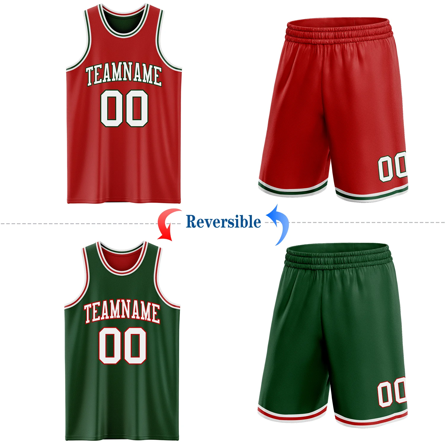 Custom Red White-Green Reversible Double Side Sublimation Basketball Suit Jersey - Image 2