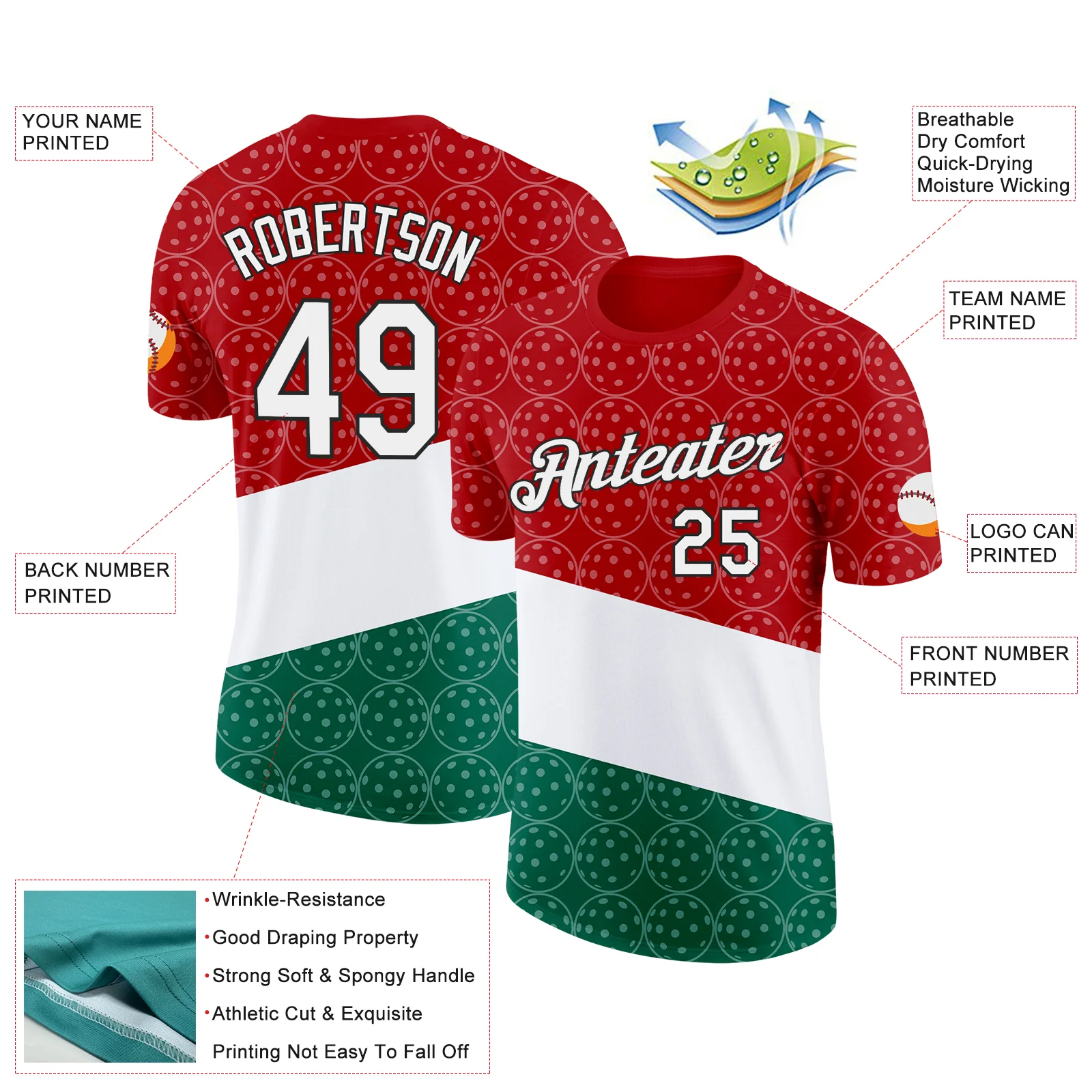 Custom Red White Green-Black 3D Pickleball Balls Performance T-Shirt - Image 2