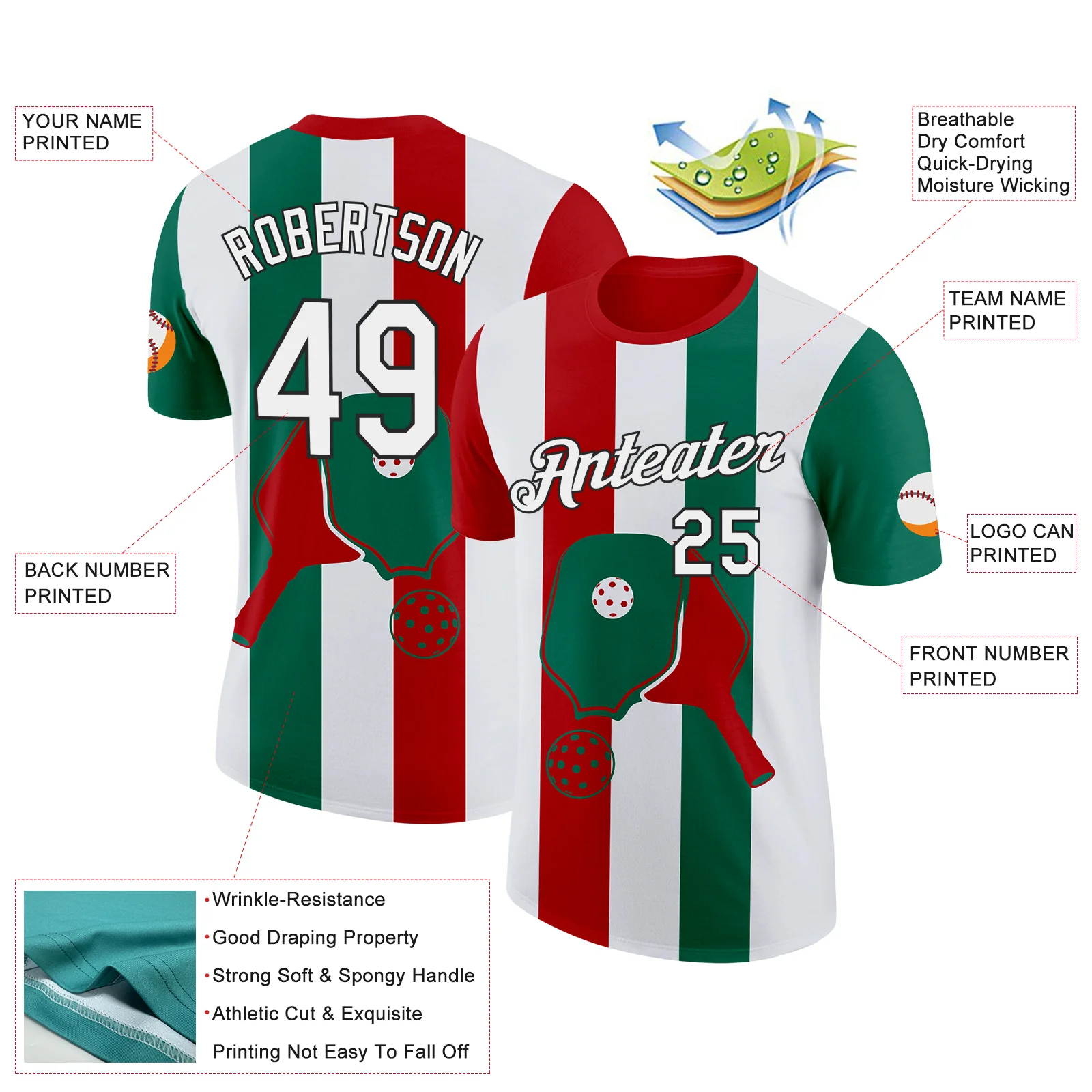 Custom Red White Green-Black 3D Pickleball Paddles Balls Performance T-Shirt - Image 2
