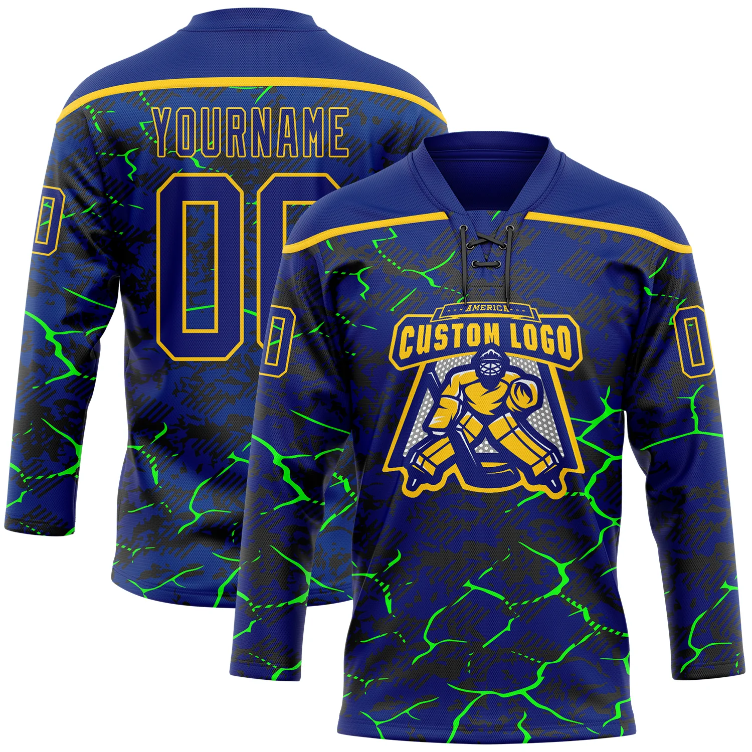 Custom Royal Green Black-Yellow Lightning Hockey Lace Neck Jersey - Image 2