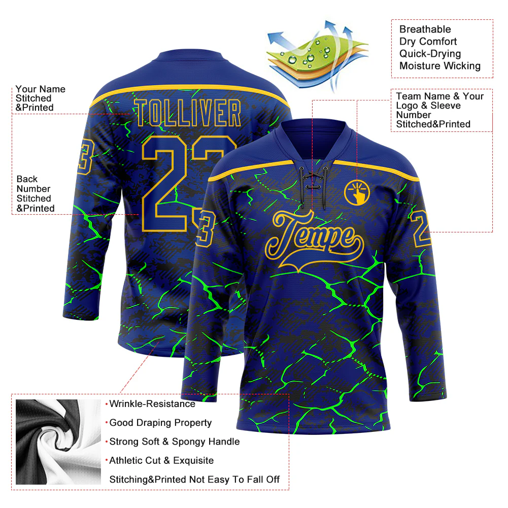Custom Royal Green Black-Yellow Lightning Hockey Lace Neck Jersey - Image 5