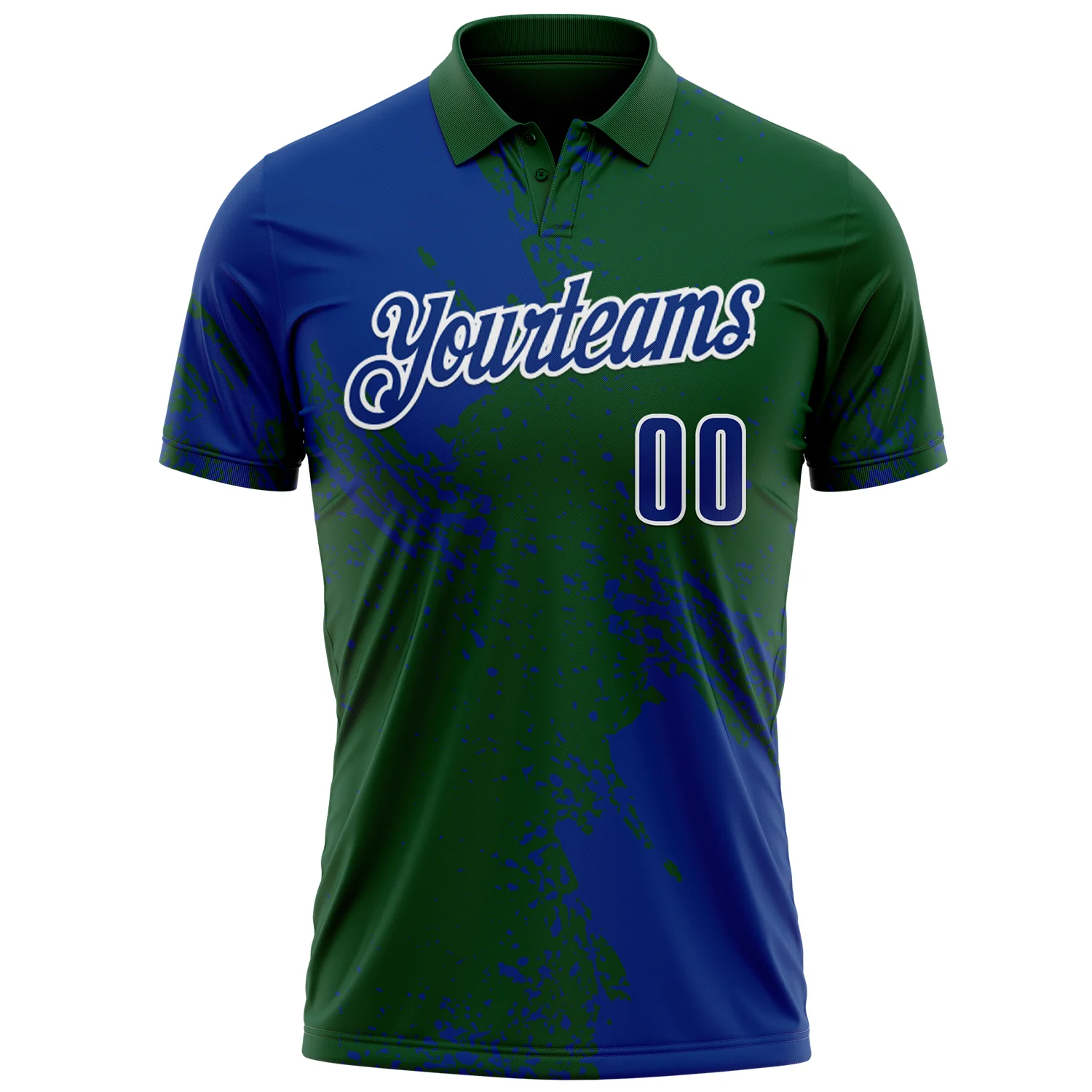 Custom Royal Green-White 3D Pattern Design Abstract Brush Stroke Performance Polo Shirt - Image 2