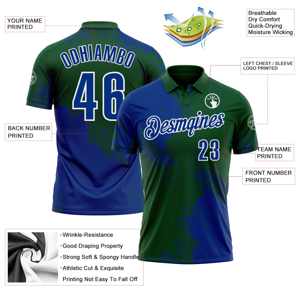 Custom Royal Green-White 3D Pattern Design Abstract Brush Stroke Performance Polo Shirt - Image 3