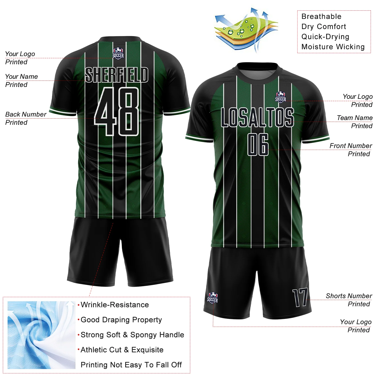 Custom Black Green-White Pinstripe Line Sports Sublimation Soccer Uniform Jersey - Image 4