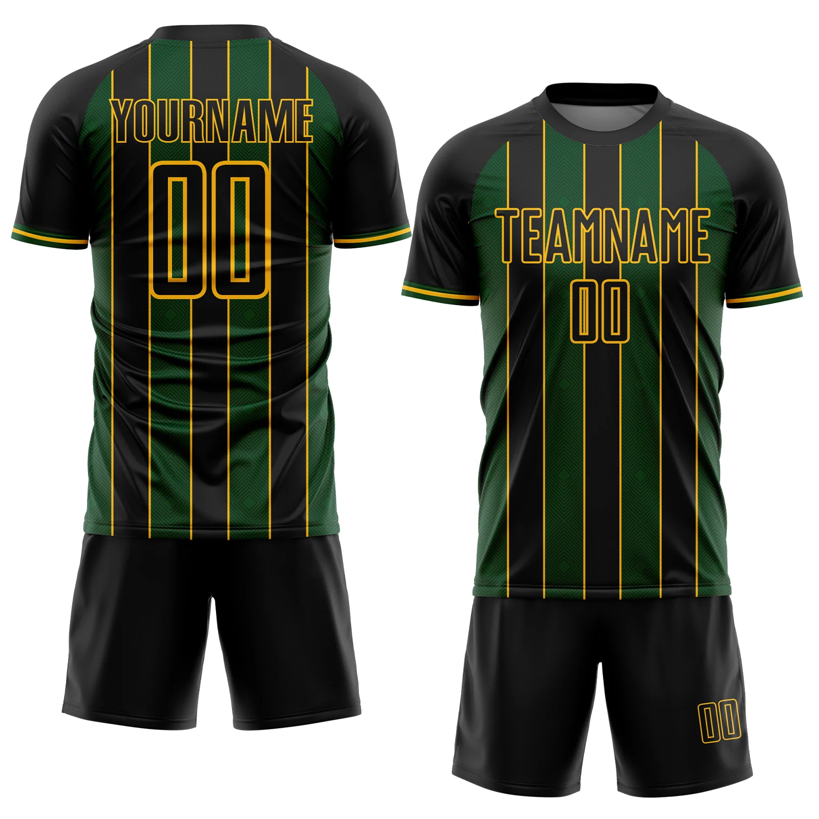 Custom Black Green-Gold Pinstripe Line Sports Sublimation Soccer Uniform Jersey - Image 2