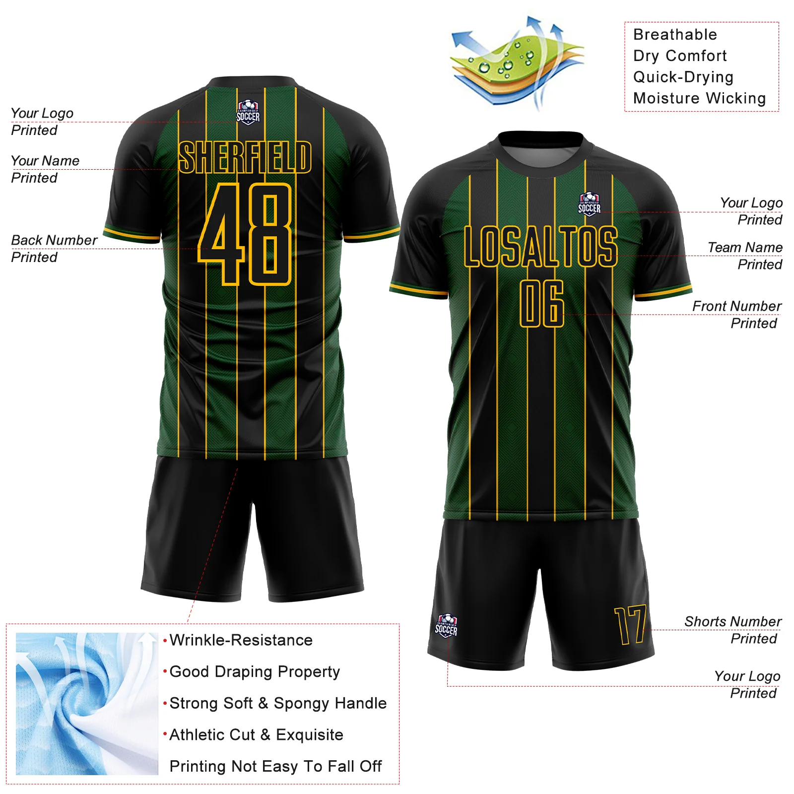 Custom Black Green-Gold Pinstripe Line Sports Sublimation Soccer Uniform Jersey - Image 4