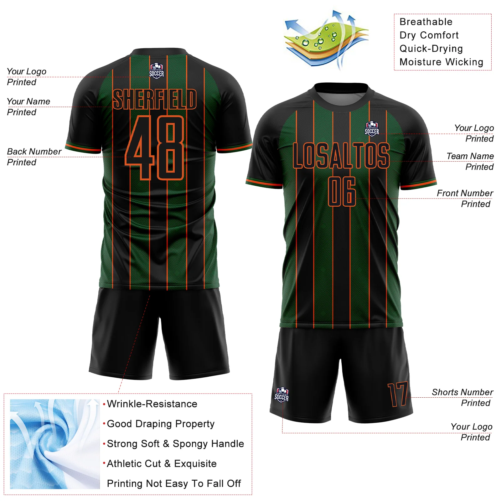 Custom Black Green-Orange Pinstripe Line Sports Sublimation Soccer Uniform Jersey - Image 4