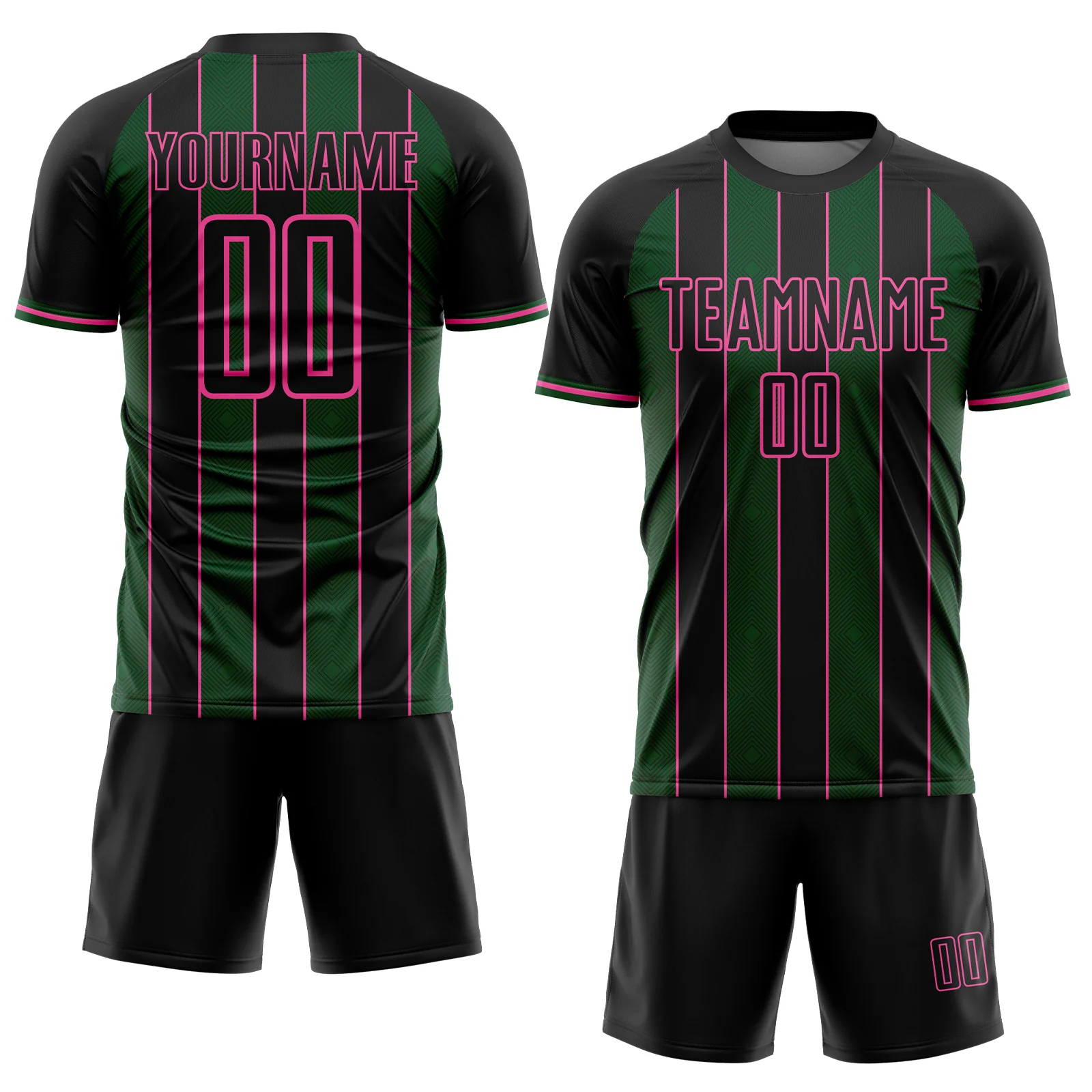 Custom Black Green-Pink Pinstripe Line Sports Sublimation Soccer Uniform Jersey - Image 2