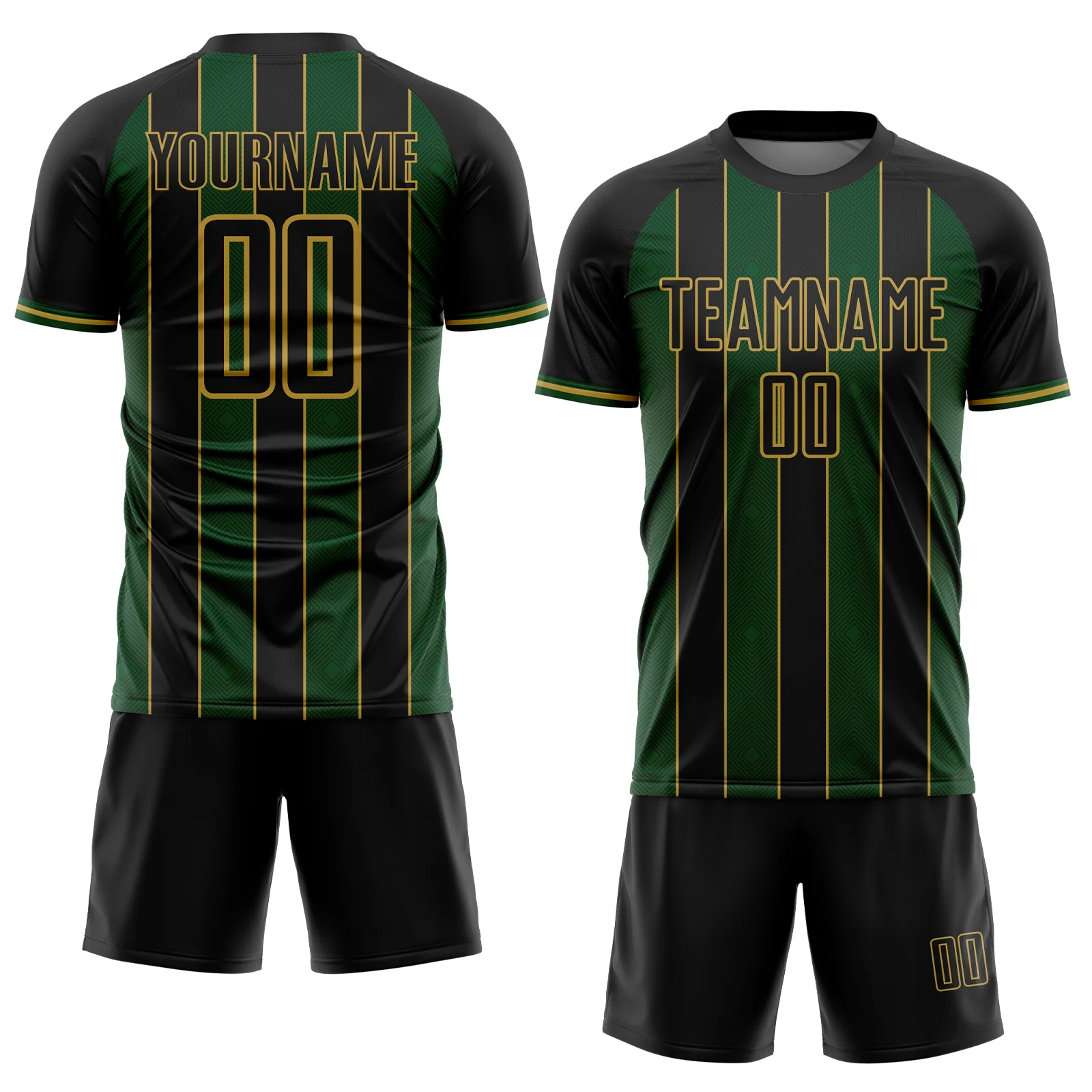 Custom Black Green-Old Gold Pinstripe Line Sports Sublimation Soccer Uniform Jersey - Image 2