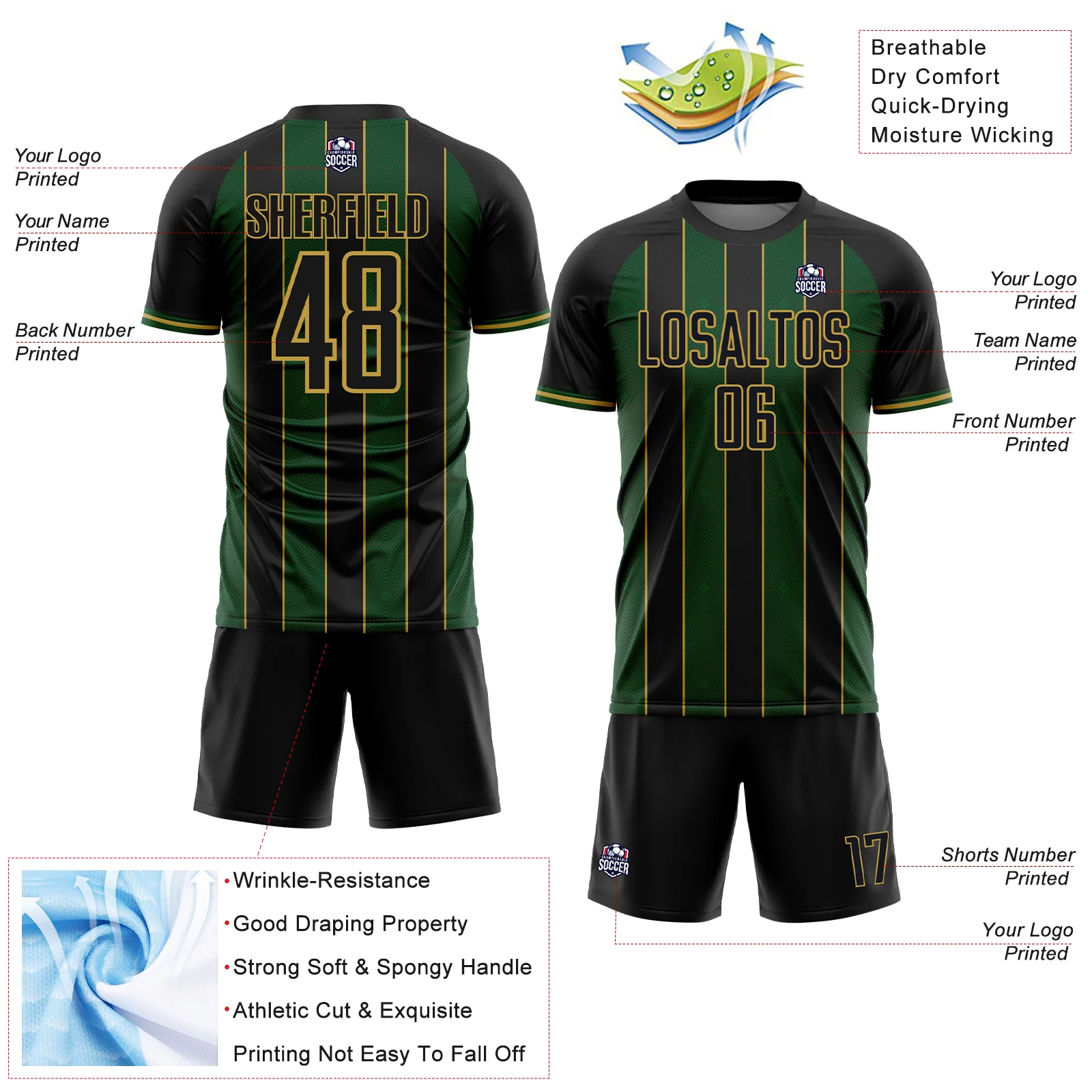 Custom Black Green-Old Gold Pinstripe Line Sports Sublimation Soccer Uniform Jersey - Image 4