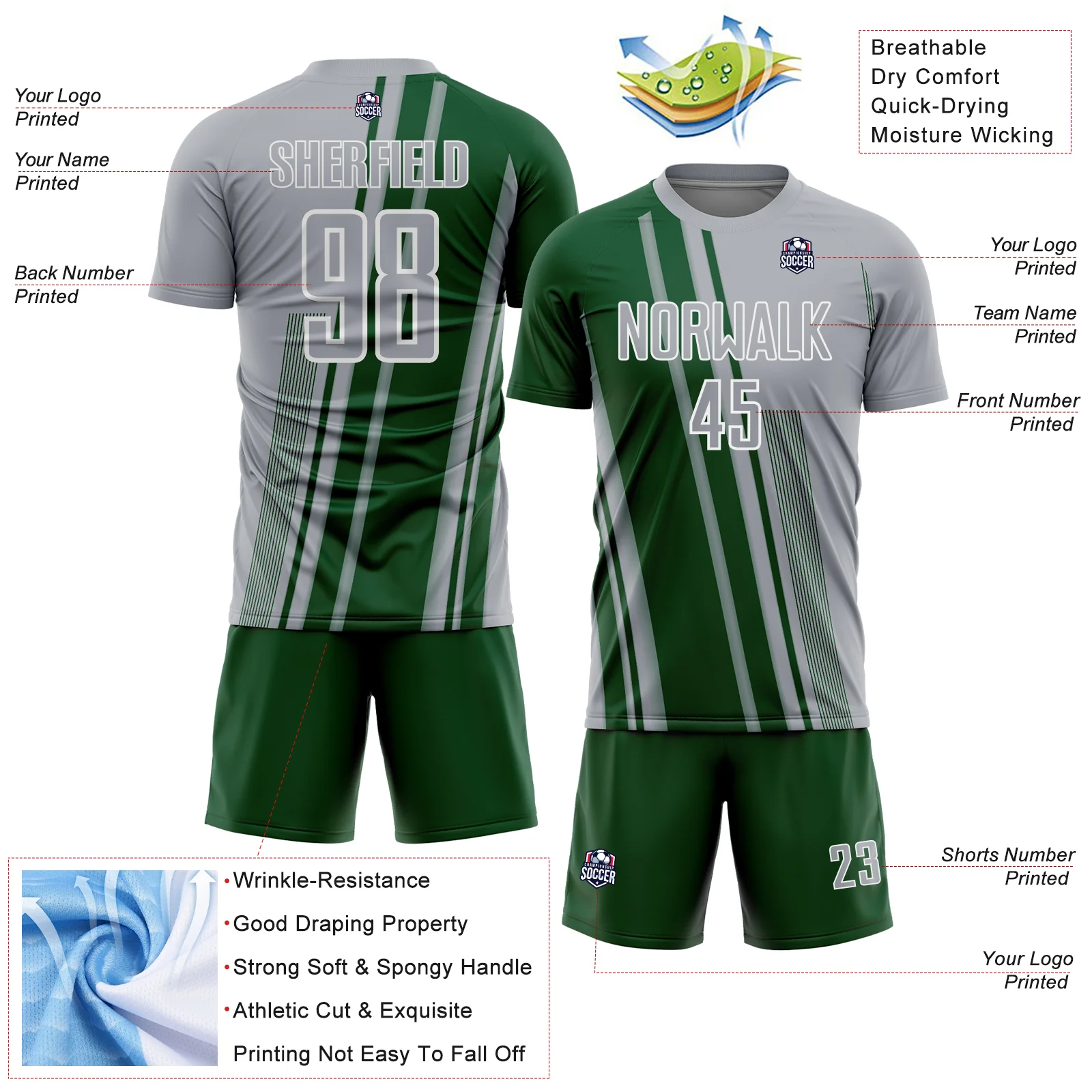 Custom Gray Green-White Lines Sports Sublimation Soccer Uniform Jersey - Image 4