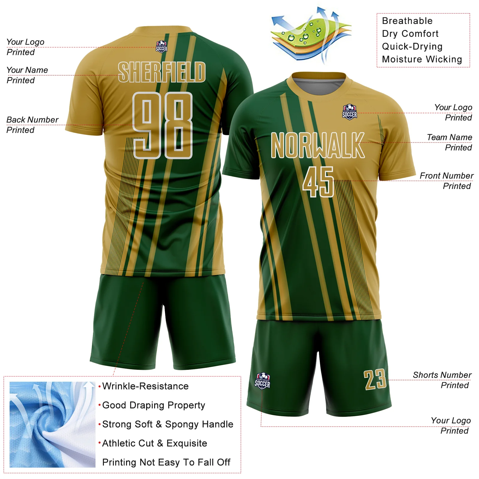 Custom Old Gold Green-White Lines Sports Sublimation Soccer Uniform Jersey - Image 4