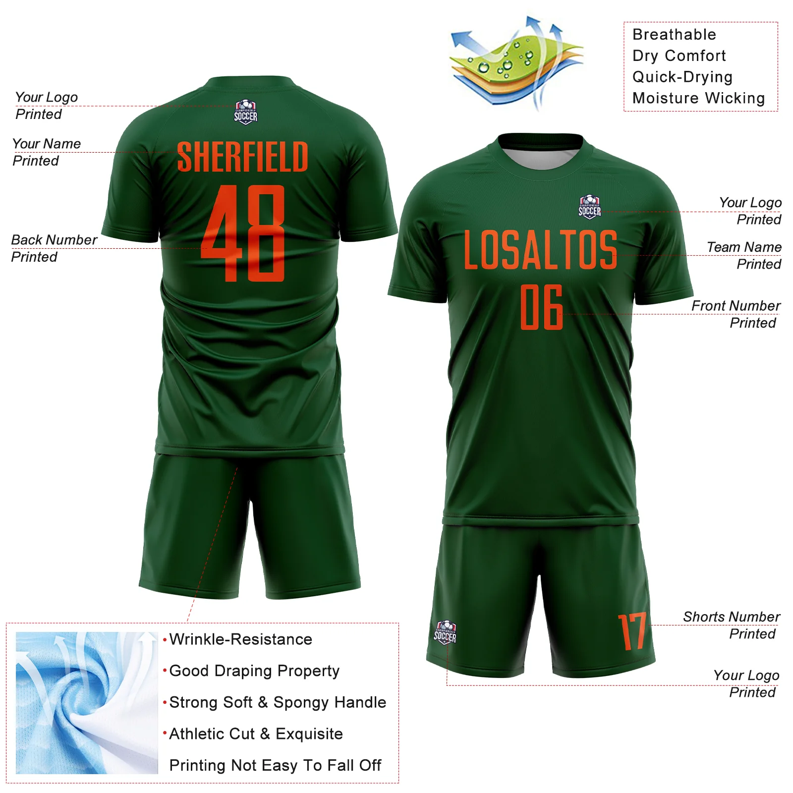 Custom Green Orange Sublimation Soccer Uniform Jersey - Image 4