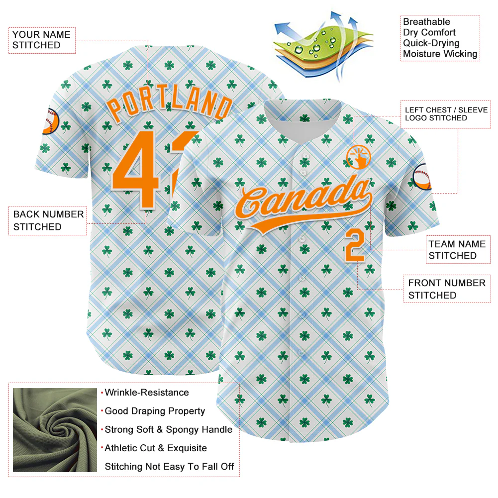 Custom White Bay Orange-Green 3D St. Patrick's Day Shamrock Authentic Baseball Jersey - Image 3