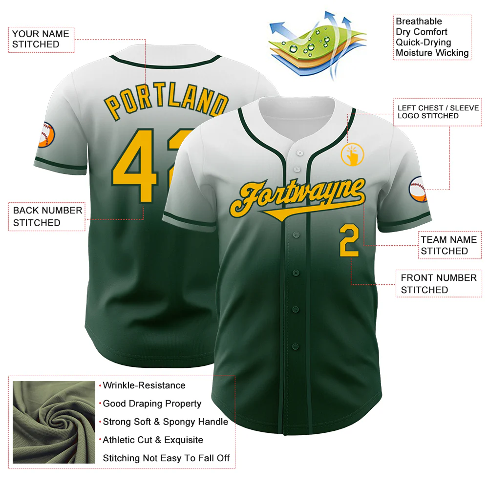Custom White Gold-Green Authentic Fade Fashion Baseball Jersey - Image 3