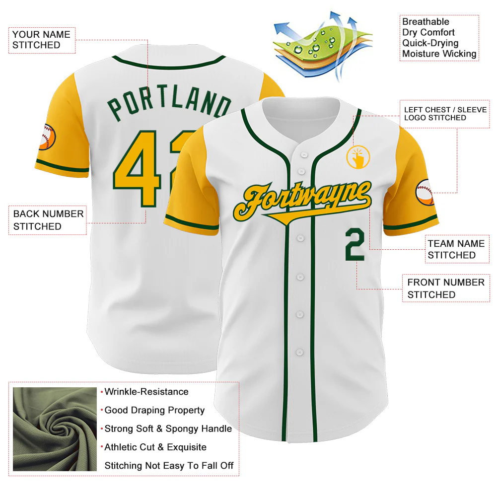 Custom White Gold-Green Authentic Two Tone Baseball Jersey - Image 3