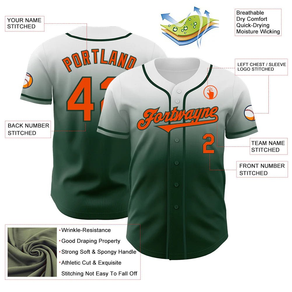 Custom White Orange-Green Authentic Fade Fashion Baseball Jersey - Image 3