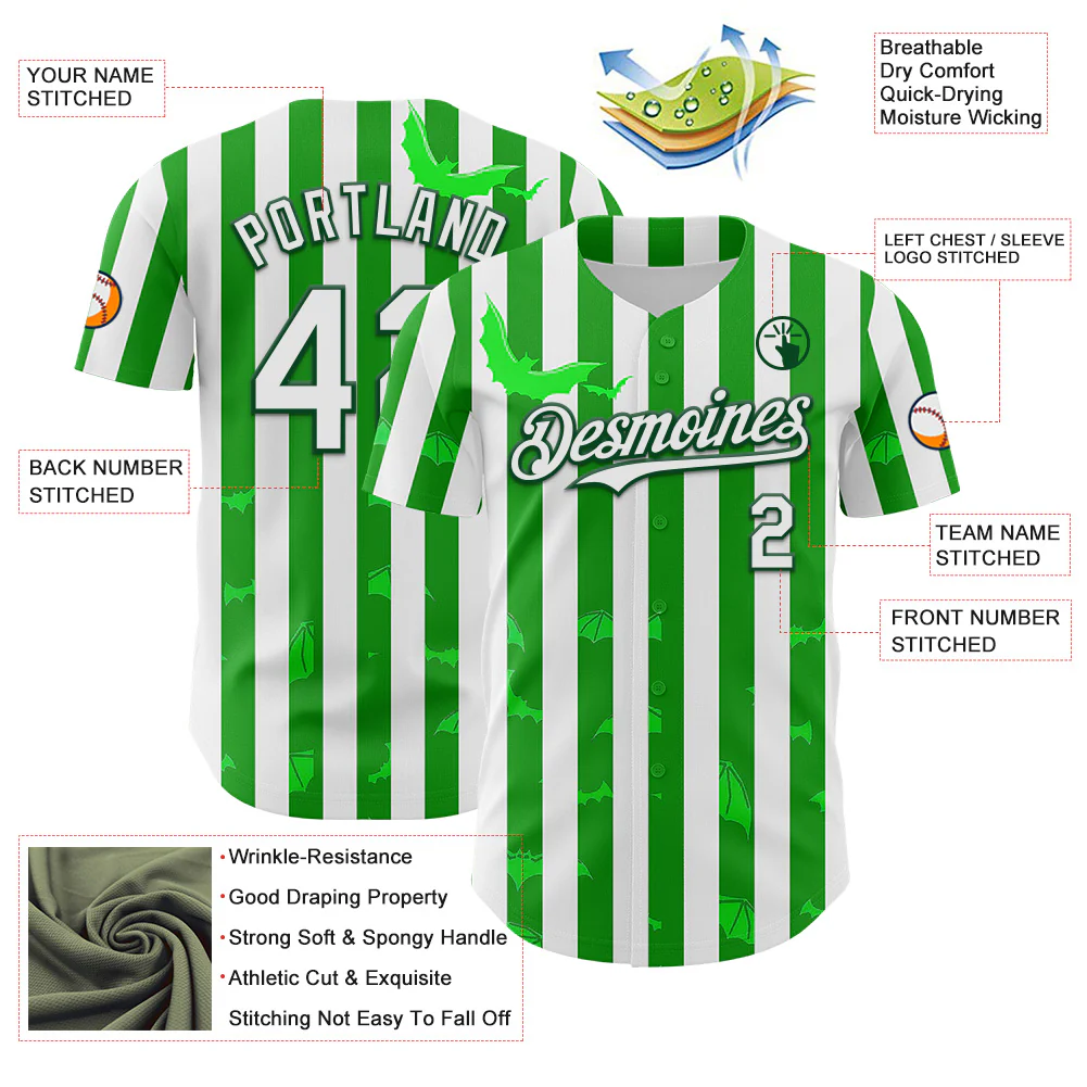 Custom White Green 3D Halloween Spooky Bat Stripe Authentic Baseball Jersey - Image 3