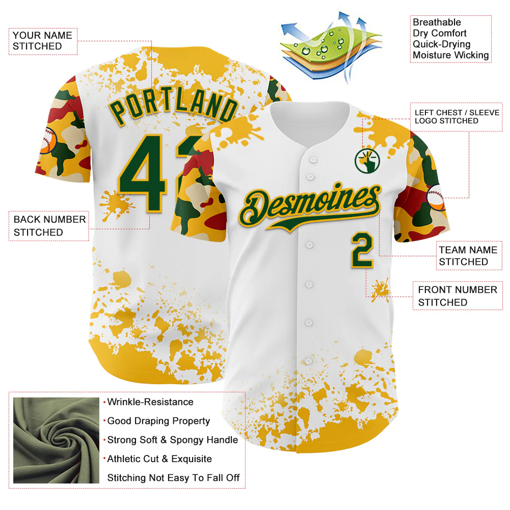 Custom White Green Gold-Red Splatter Camo Two Tone Authentic Baseball Jersey - Image 3