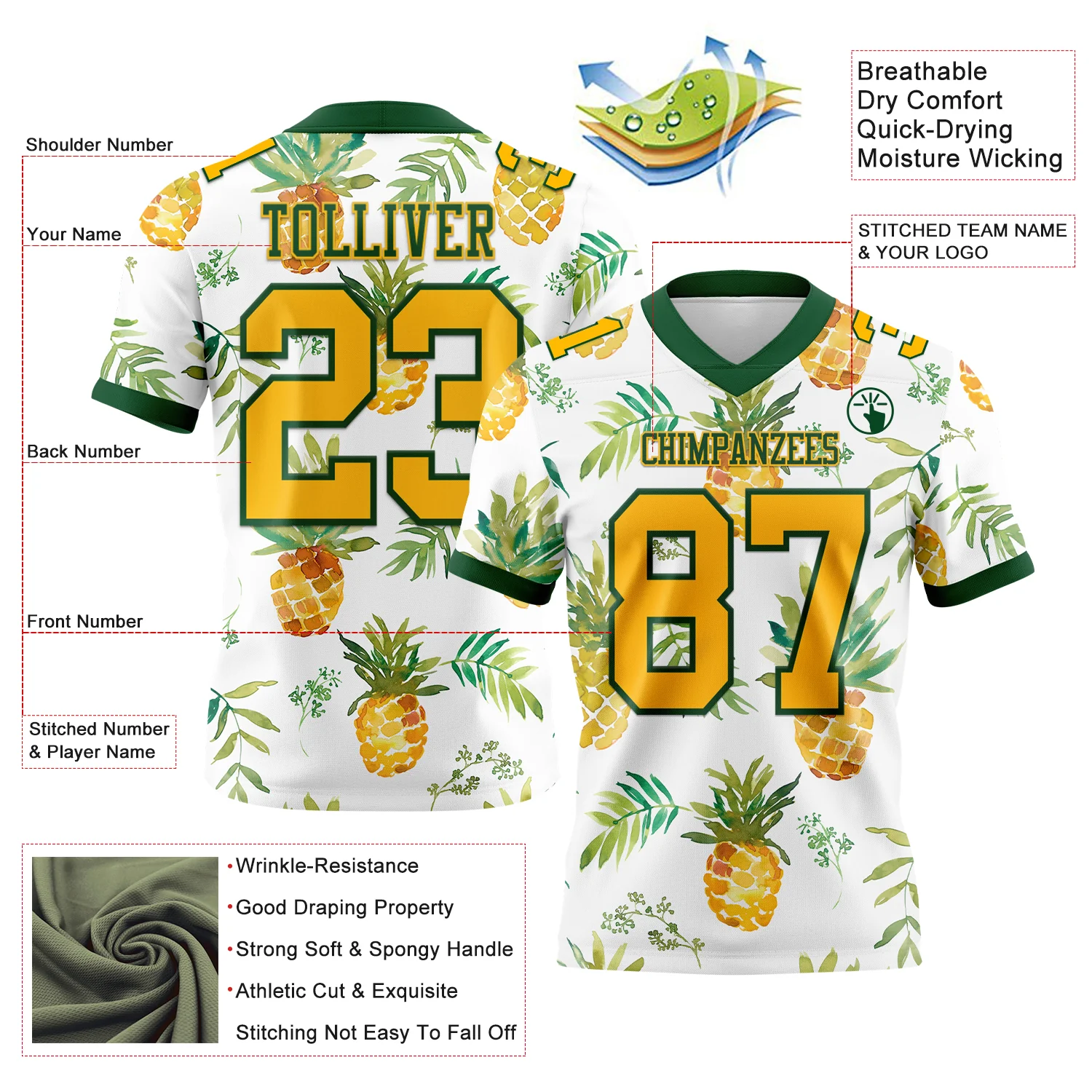 Custom White Gold-Green 3D Pattern Fruit Pineapple Authentic Football Jersey - Image 3