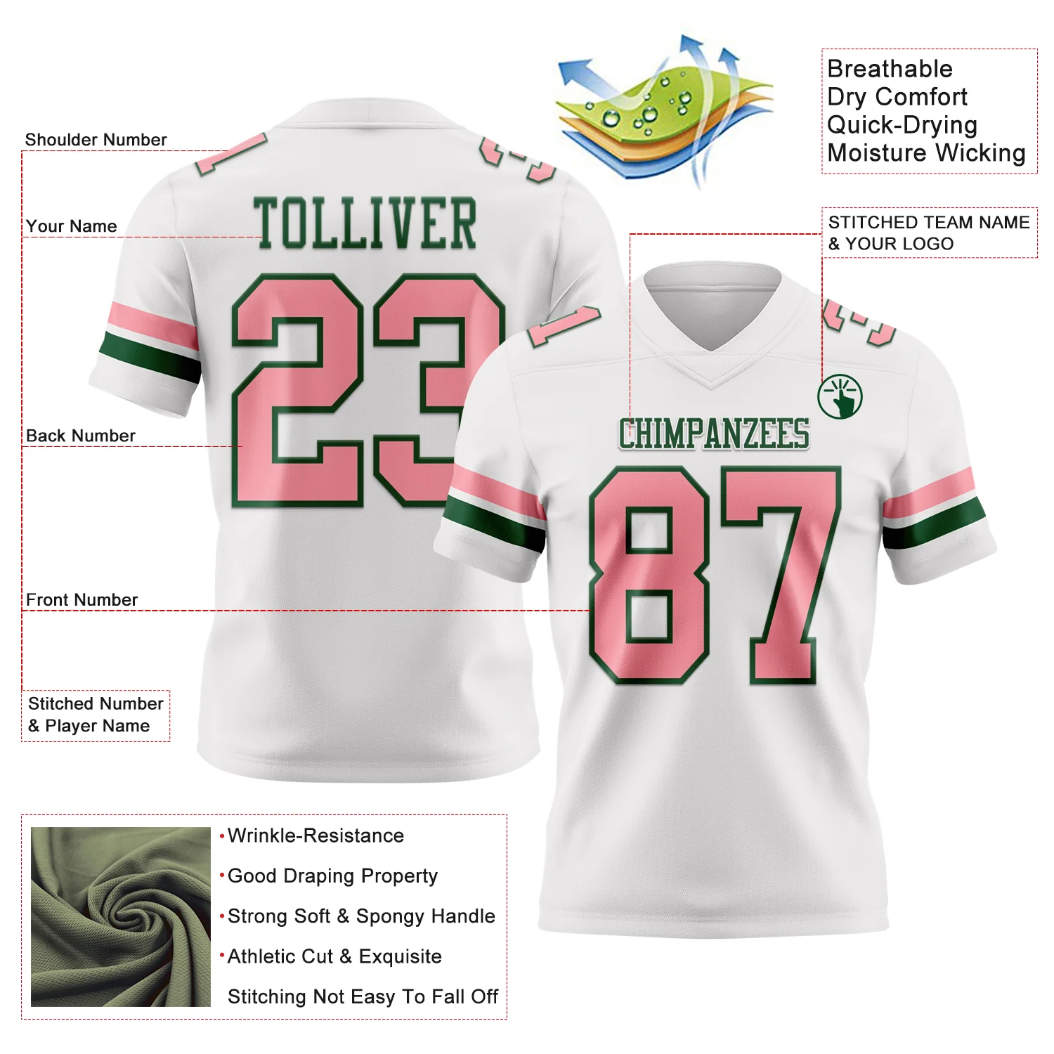 Custom White Medium Pink-Green Authentic Football Jersey - Image 3