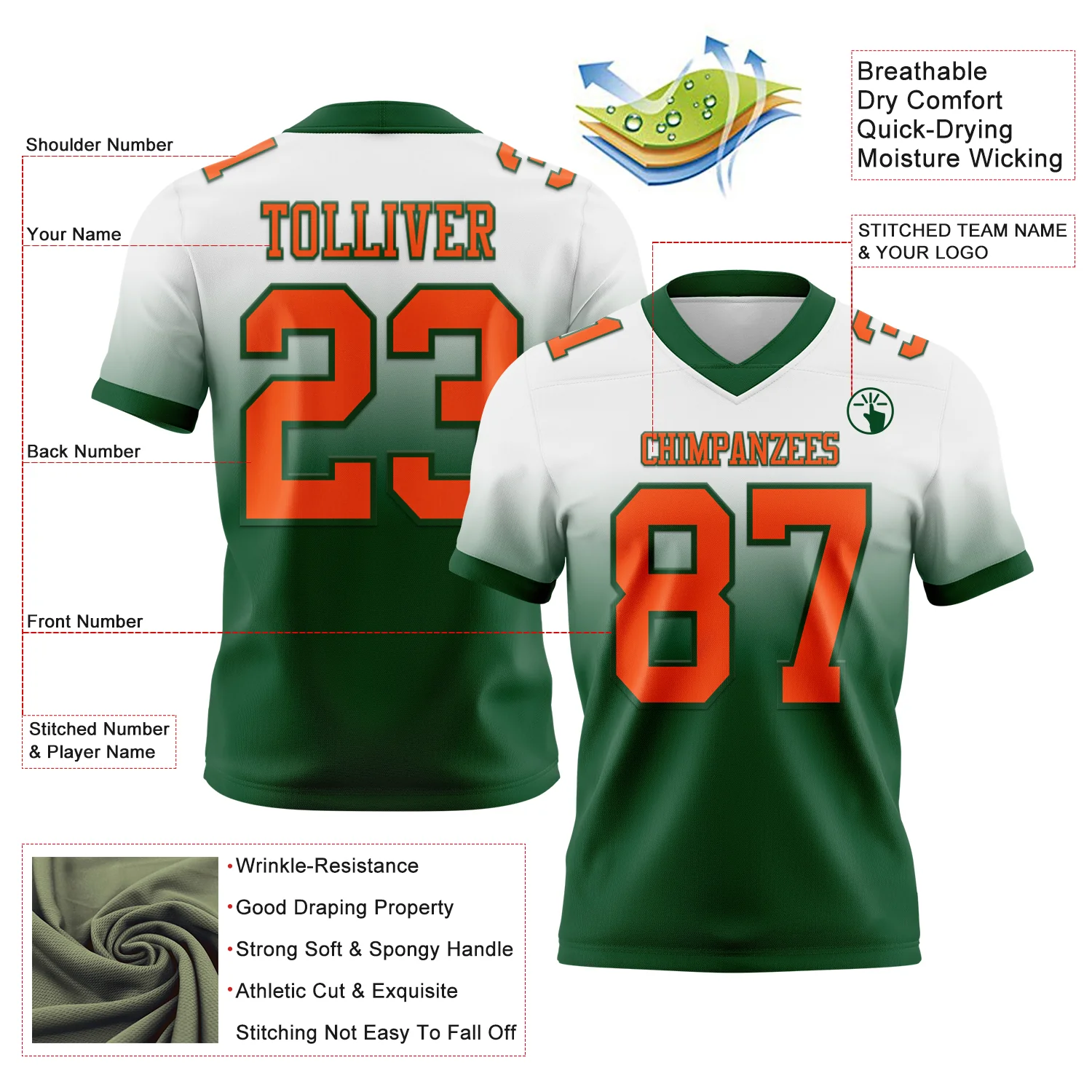 Custom White Orange-Green Authentic Fade Fashion Football Jersey - Image 2