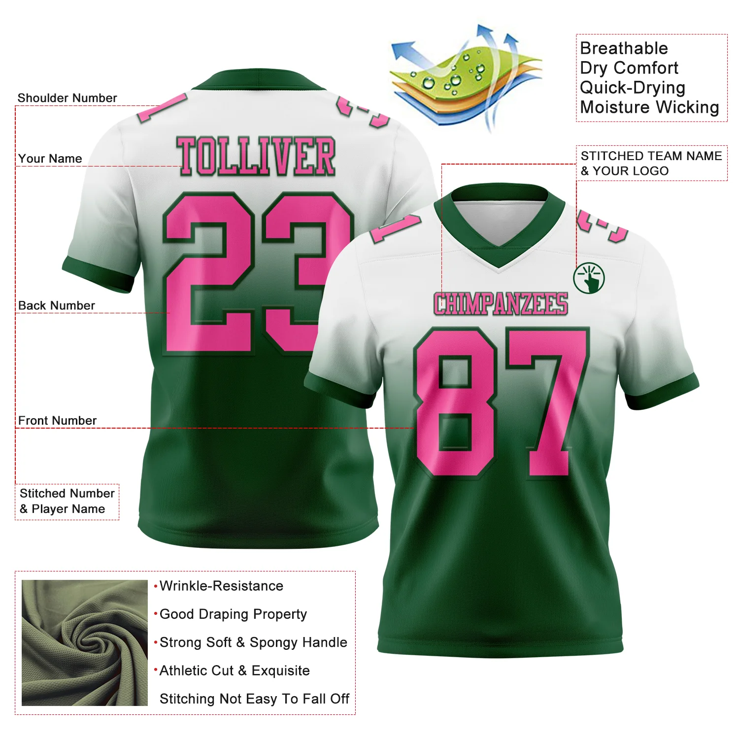 Custom White Pink-Green Authentic Fade Fashion Football Jersey - Image 2