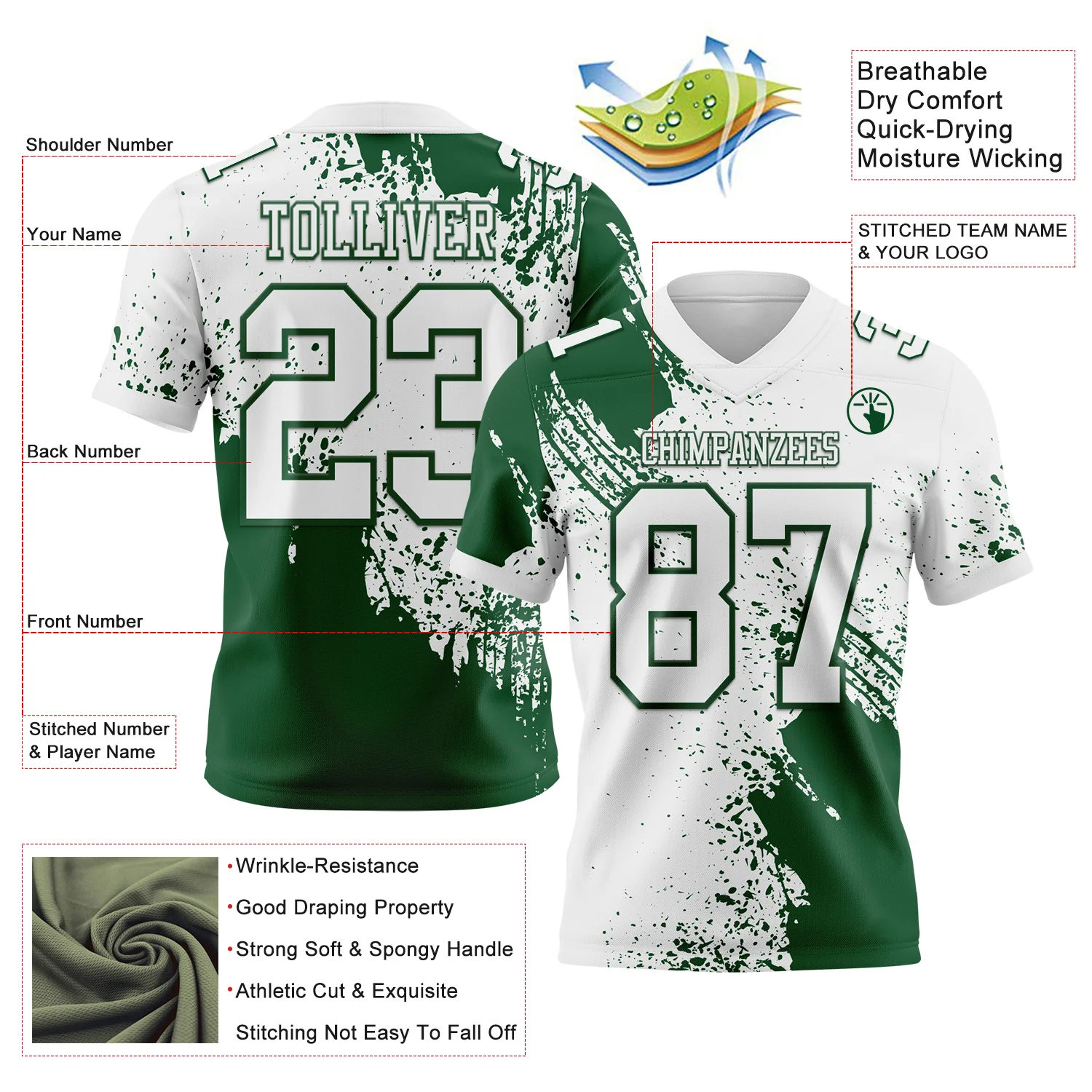 Custom White Green 3D Pattern Abstract Brush Stroke Authentic Football Jersey - Image 2